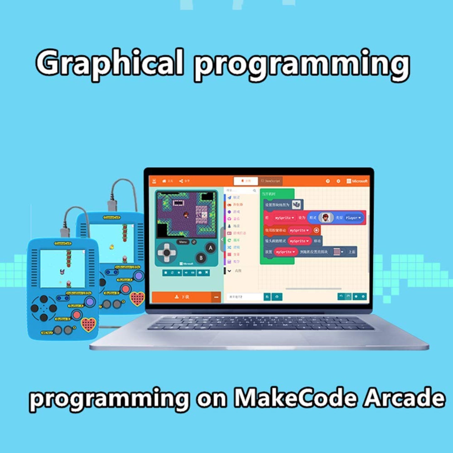 GameGo handheld console connected to a laptop showing graphical block programming on MakeCode Arcade.