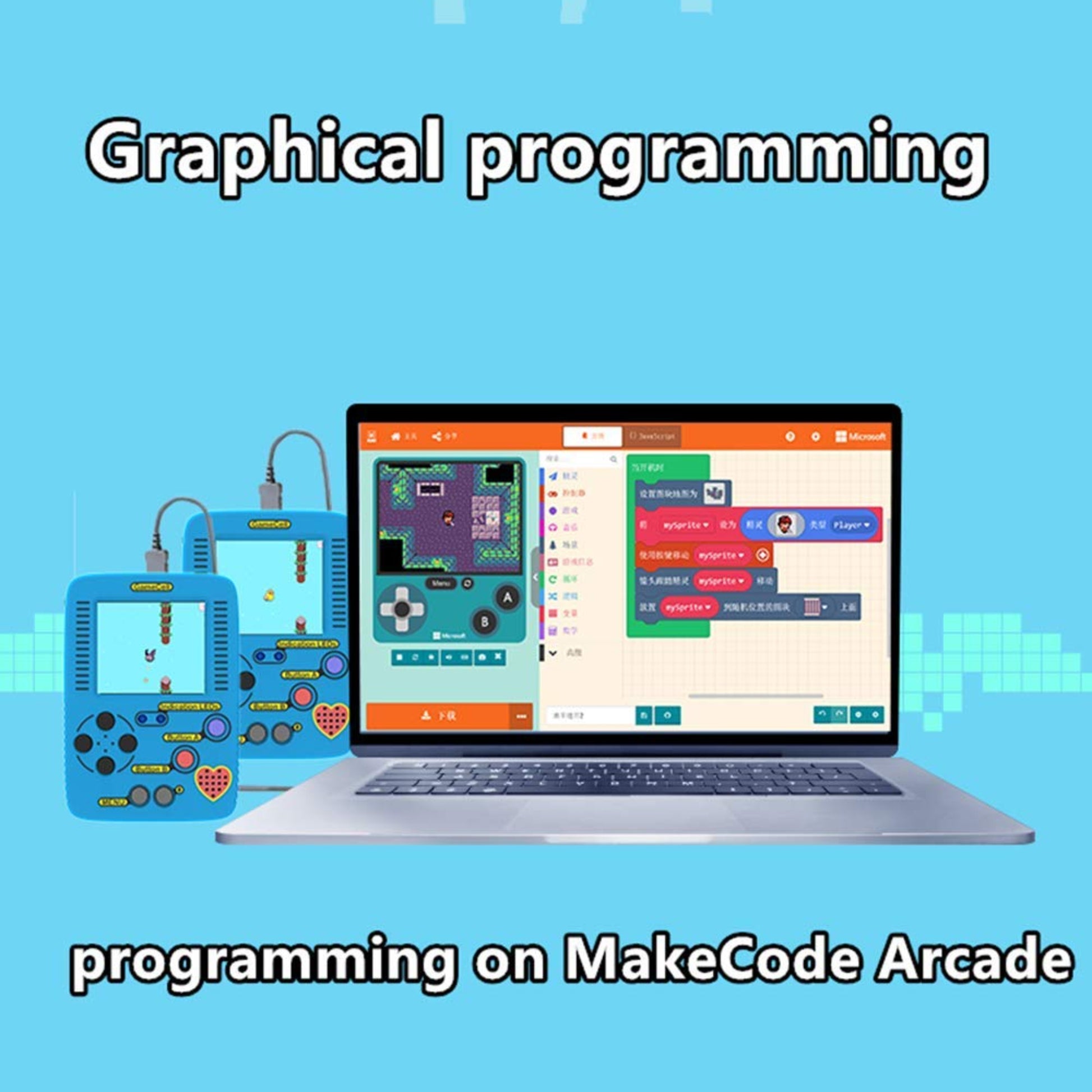 GameGo handheld console connected to a laptop showing graphical block programming on MakeCode Arcade.