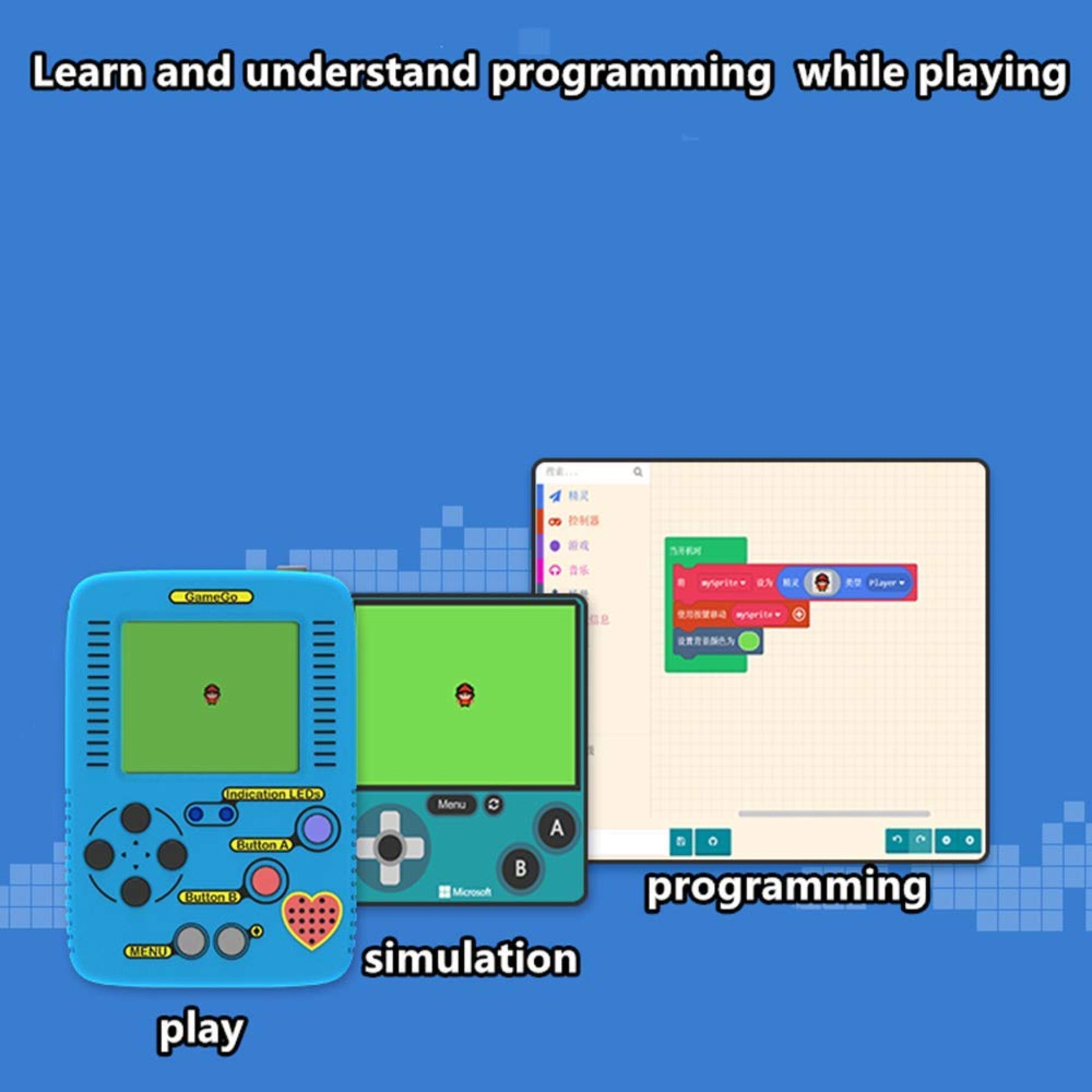 GameGo handheld console beside a digital simulation screen and MakeCode block programming workspace.