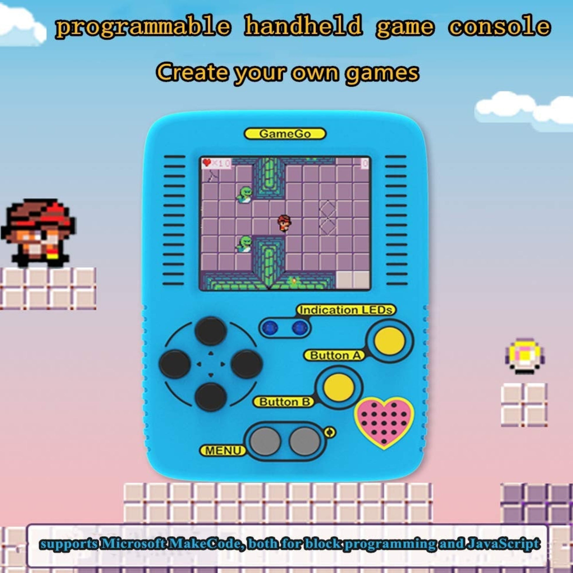 Isolated front view of the blue GameGo programmable handheld game console displaying a pixel art RPG game.