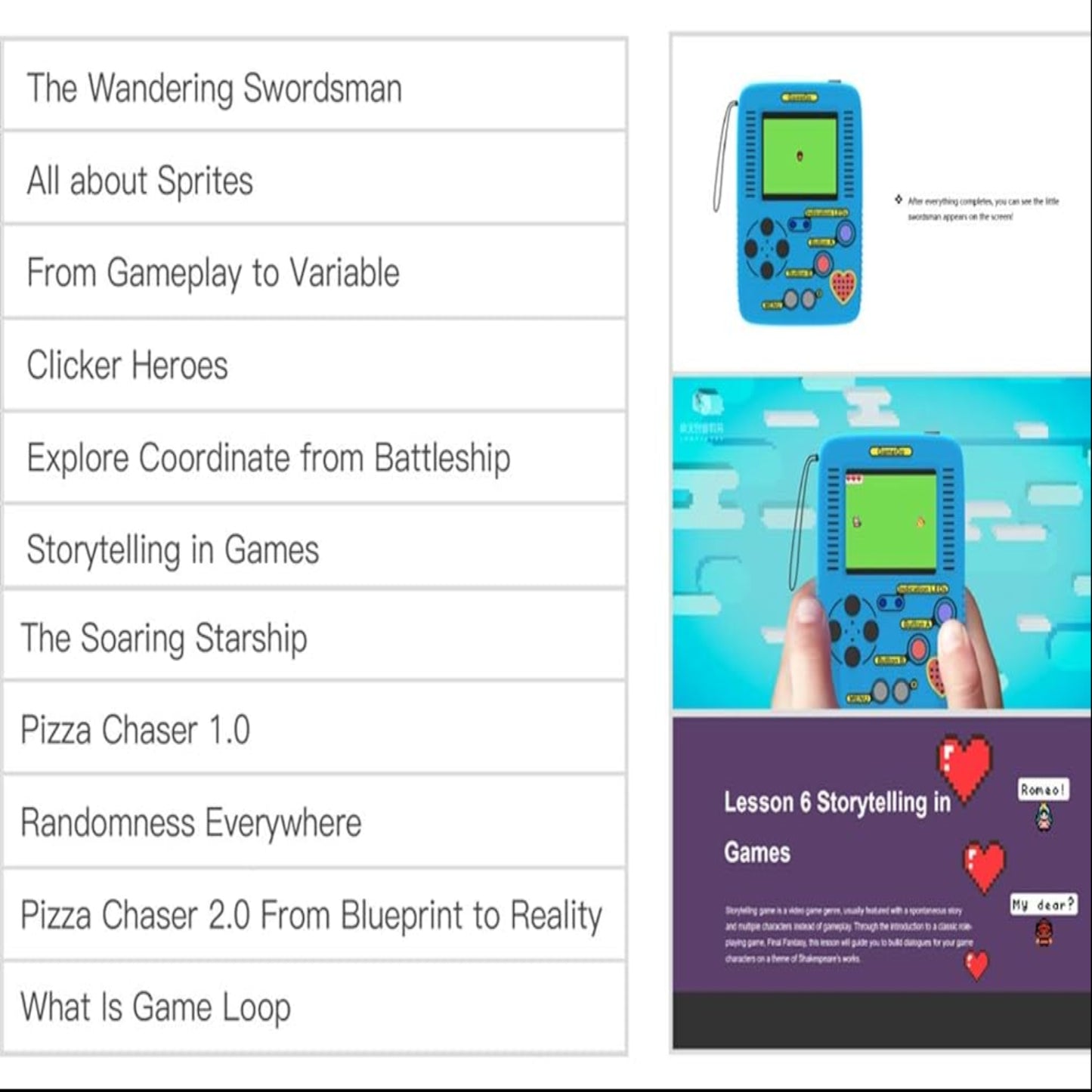 An 11-lesson STEM coding curriculum table for GameGo storytelling, variables, and game loop tutorials.