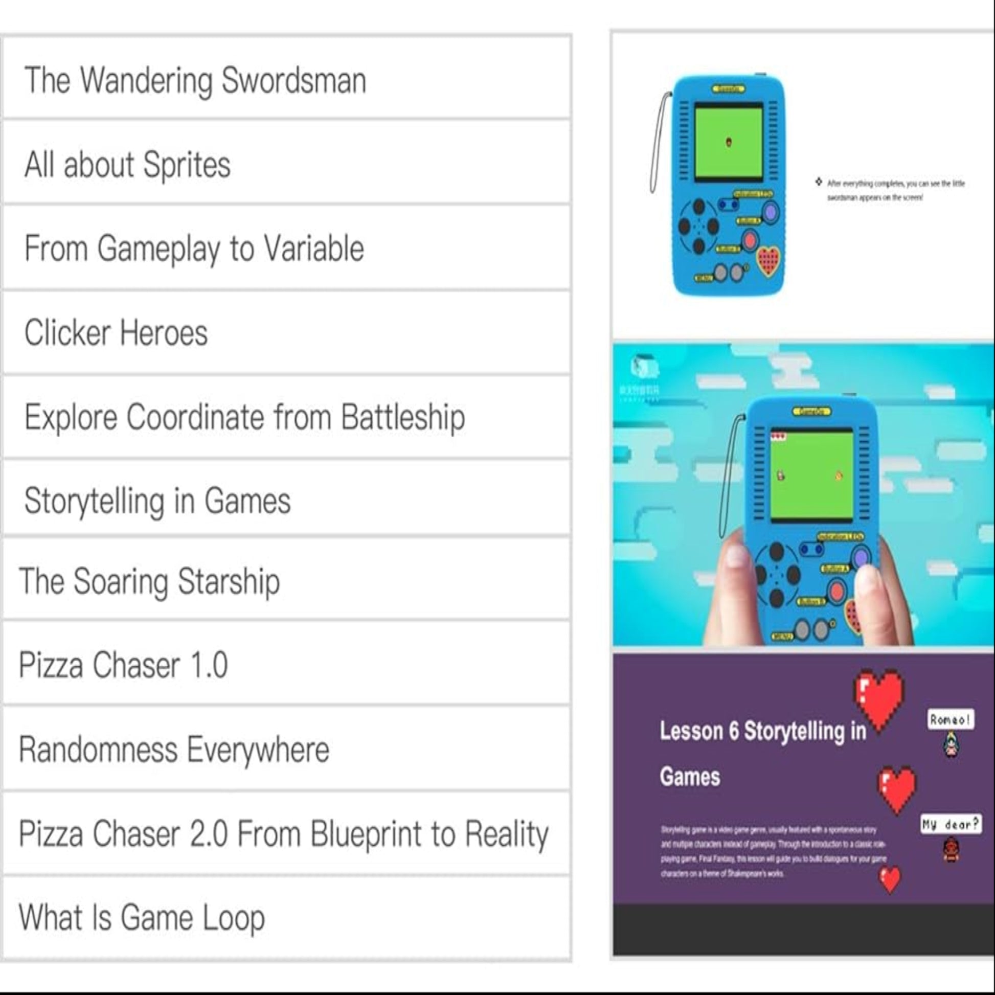 An 11-lesson STEM coding curriculum table for GameGo storytelling, variables, and game loop tutorials.
