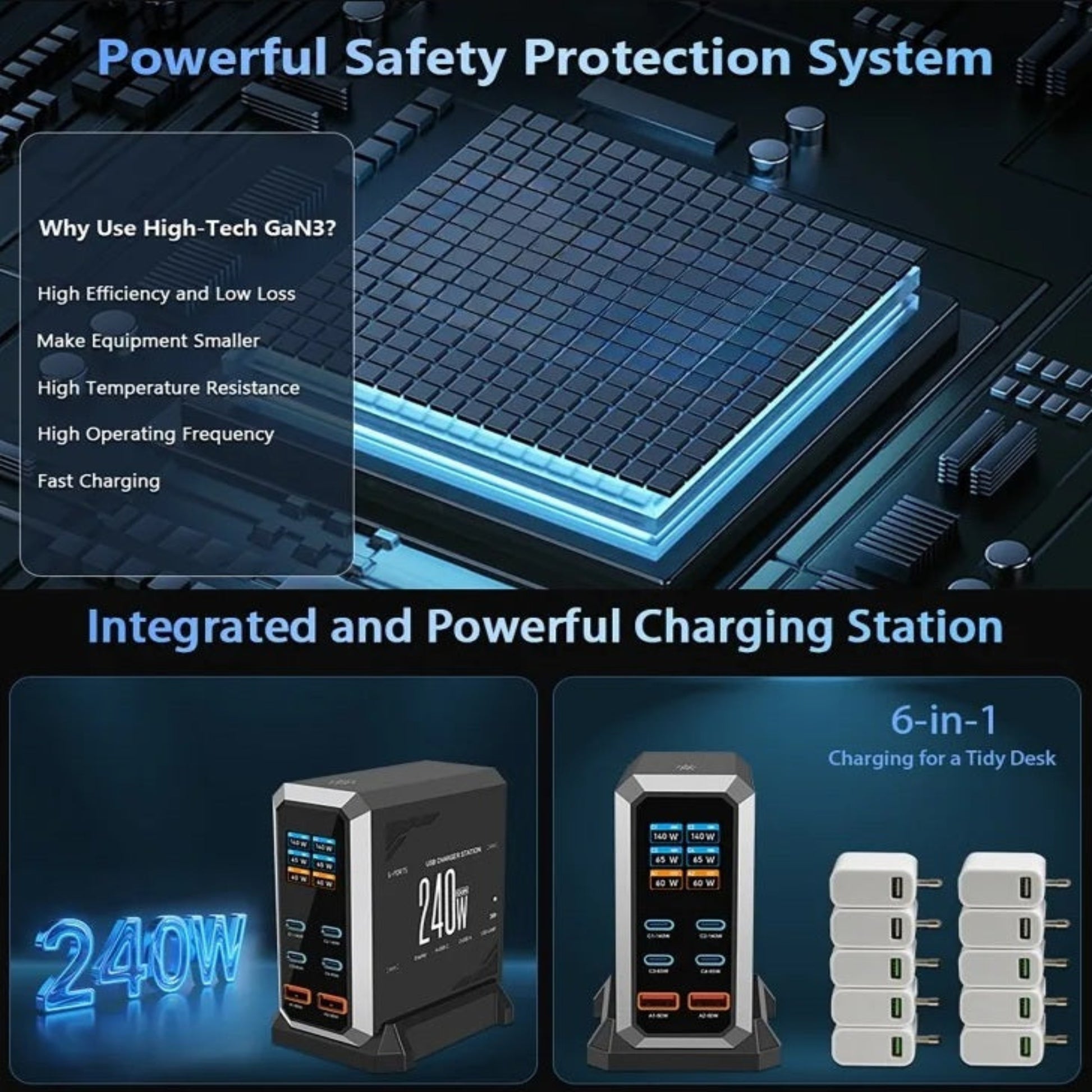 Advanced GaN3 Gallium Nitride semiconductor chip for high-efficiency, low-heat desktop charging.