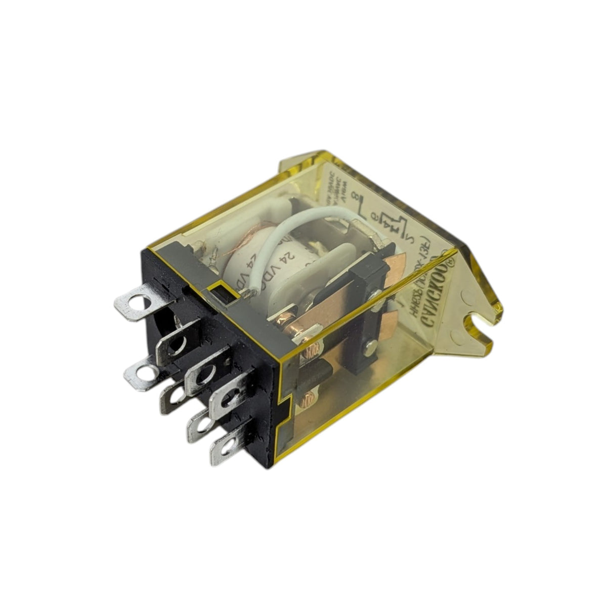 A small electrical relay component with a translucent yellow-green plastic housing, black terminal base, and silver metal pins, shown on a plain white background.