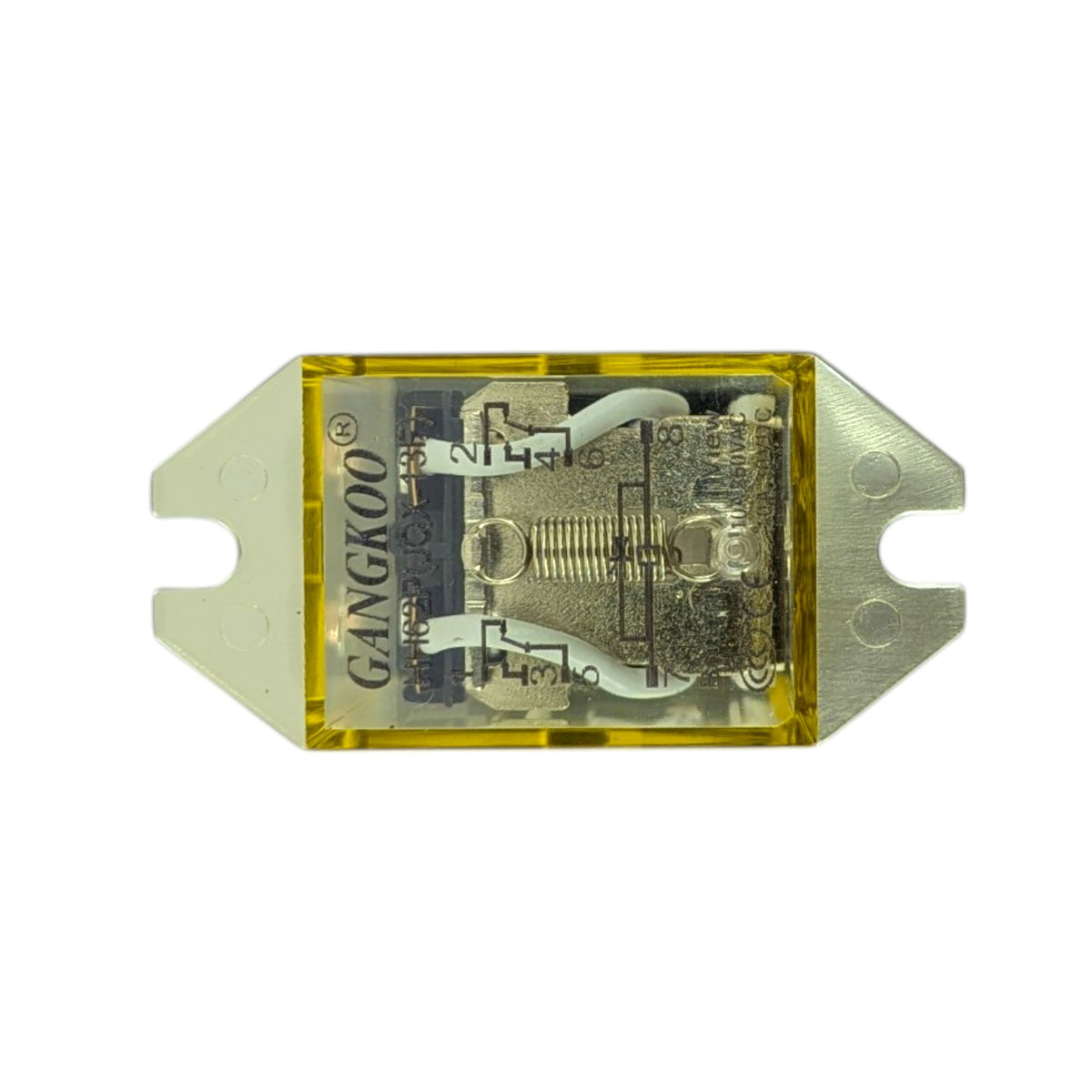 A Gangkoo automotive relay with a translucent yellow casing, featuring a silver metal core and internal contacts, set against a plain white background.