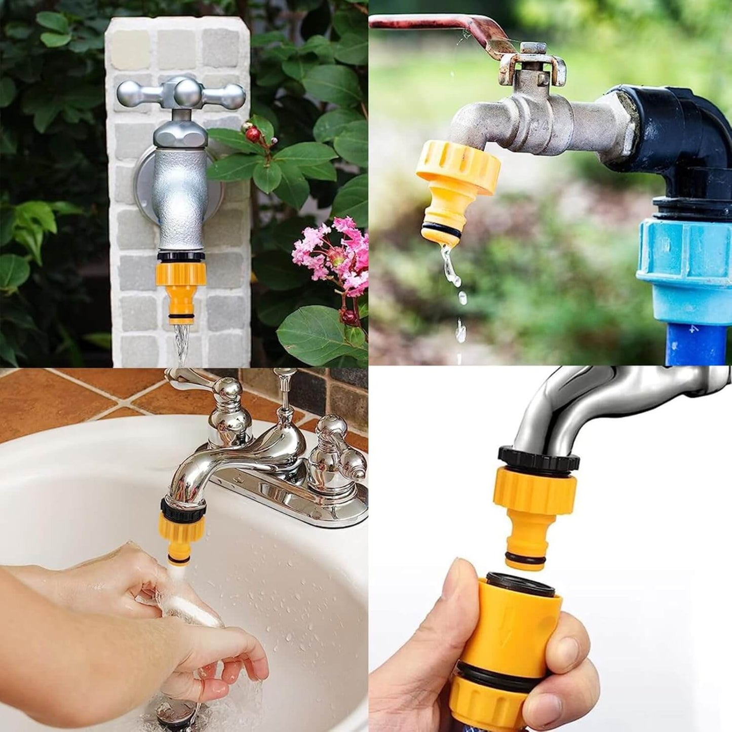 Collage of garden hose tap connectors in use at outdoor and indoor faucets, showcasing versatility and ease of connection.