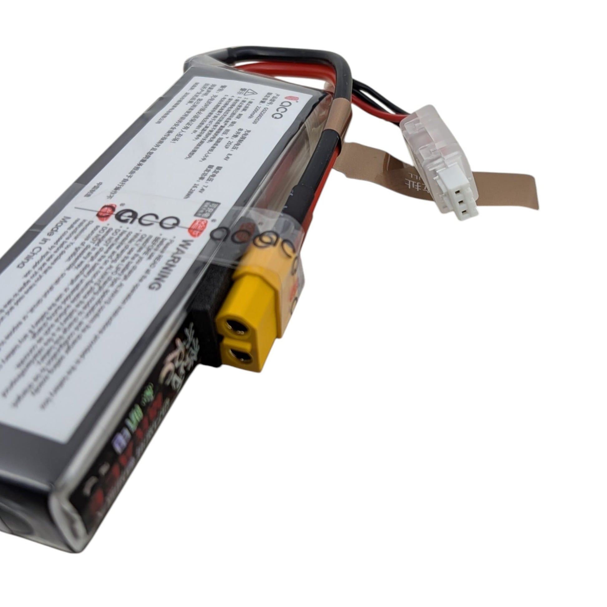鋰電池上的黃色 XT60 放電插頭及白色 JST-XH 3-Pin 平衡充接頭特寫。