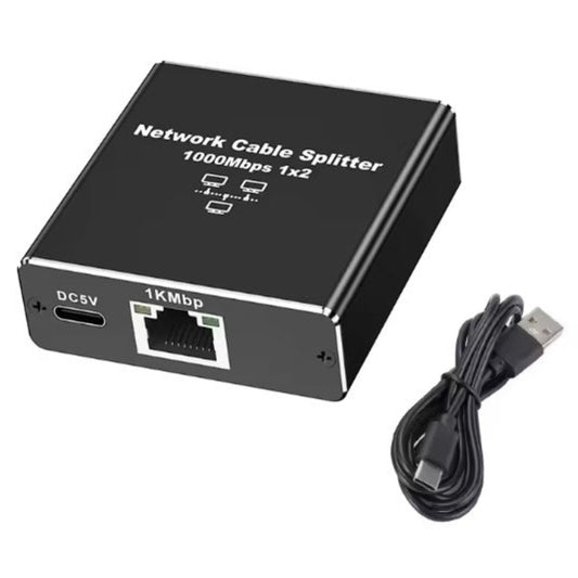 A frontal view of the Gigabit Ethernet splitter, highlighting its compact design and RJ45 LAN ports for computers and routers.