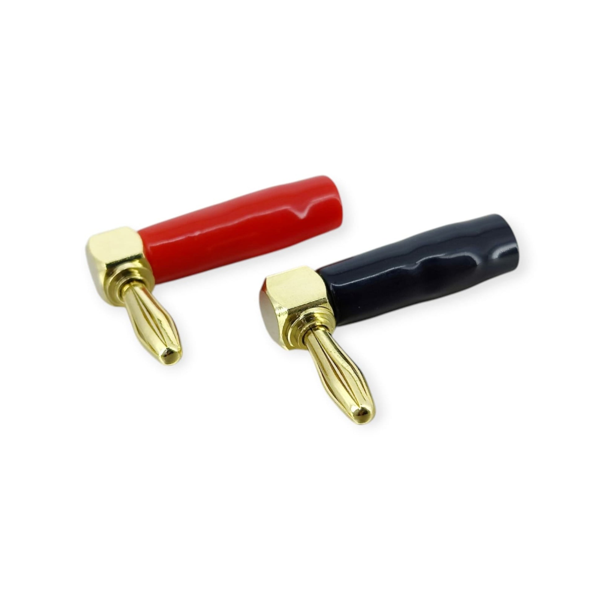 Close-up of the separate red and black right-angle banana plugs, highlighting the gold-plated connector tips.