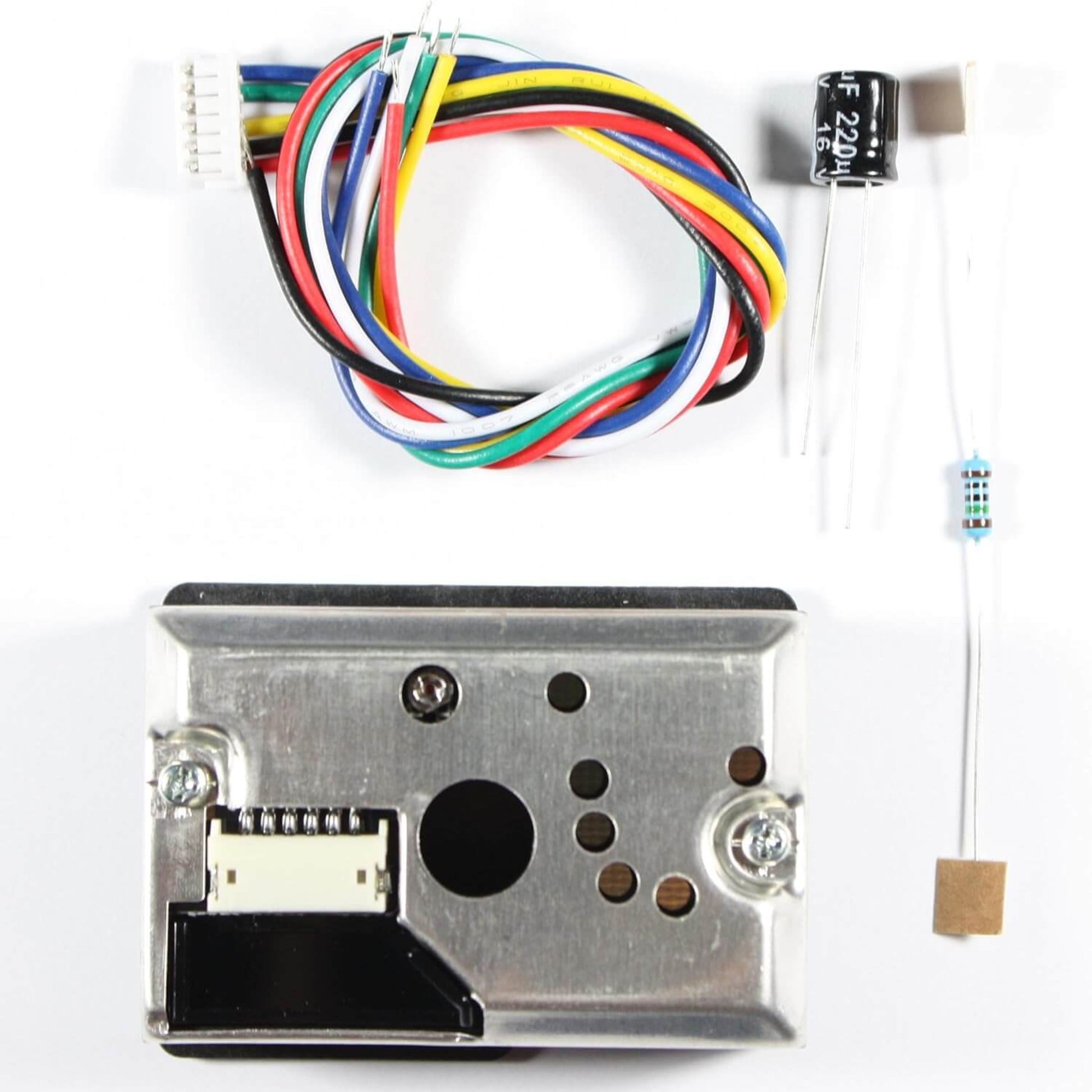Complete GP2Y1010AU0F air quality sensor kit with cable, 220μF capacitor, and resistor for DIY particle measurement.