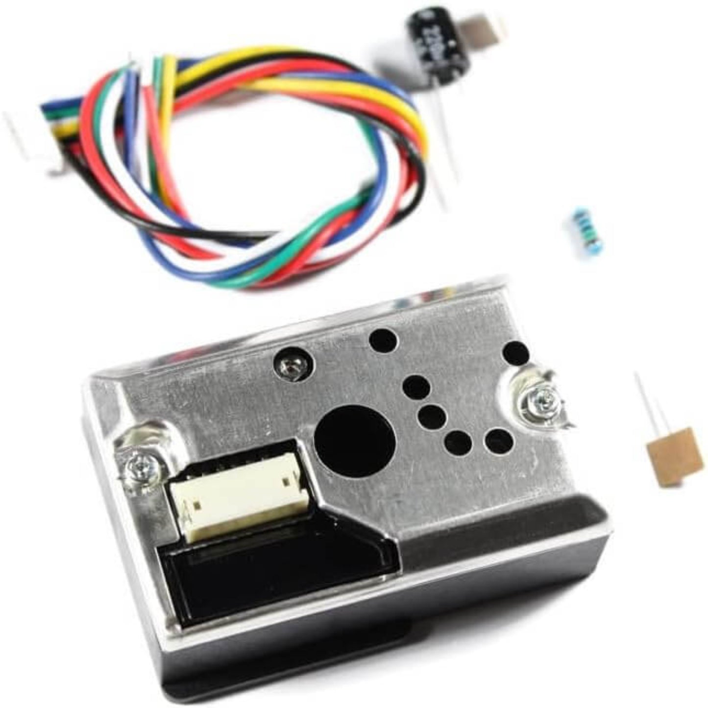 GP2Y1010AU0F dust sensor, connection cable, capacitor, and resistor for Arduino-based particle detection.