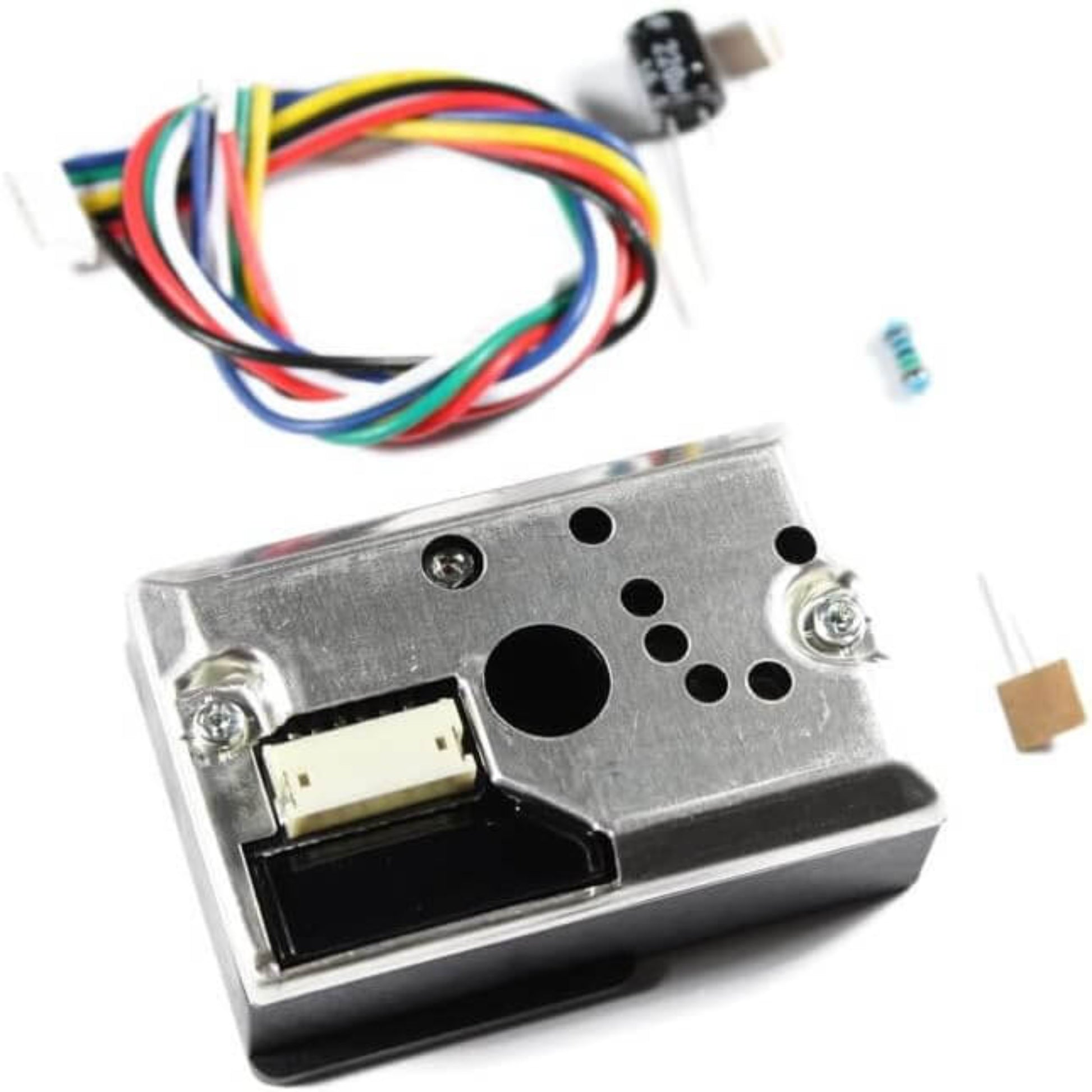 GP2Y1010AU0F dust sensor, connection cable, capacitor, and resistor for Arduino-based particle detection.