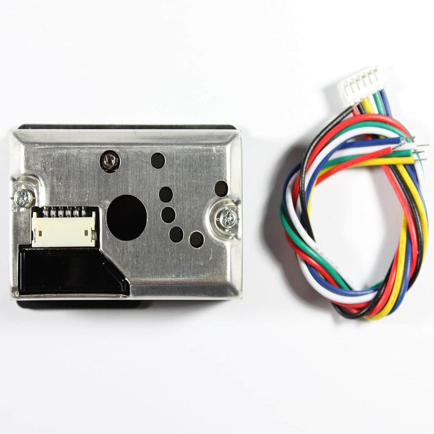 Top-down view of the Sharp GP2Y1010AU0F fine dust sensor and its six-pin color-coded connection cable.