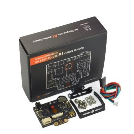 Gravity HUSKYLENS AI Vision Sensor kit, includes sensor board, mounting brackets, and accessories for easy AI applications.