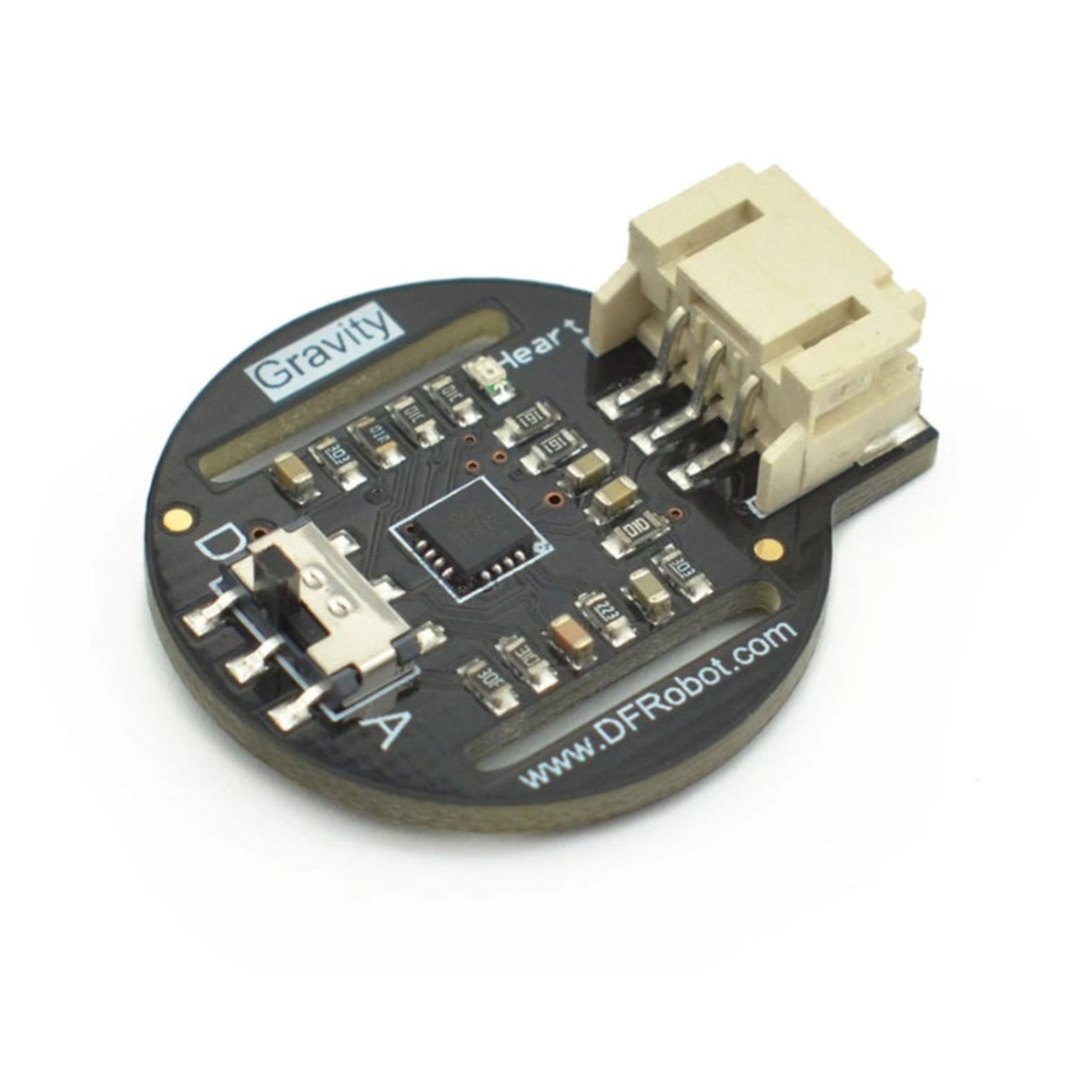 Close-up of the DFRobot heart rate sensor board, highlighting the plug-and-play Gravity PH2.0-3P interface and analog/digital switch.
