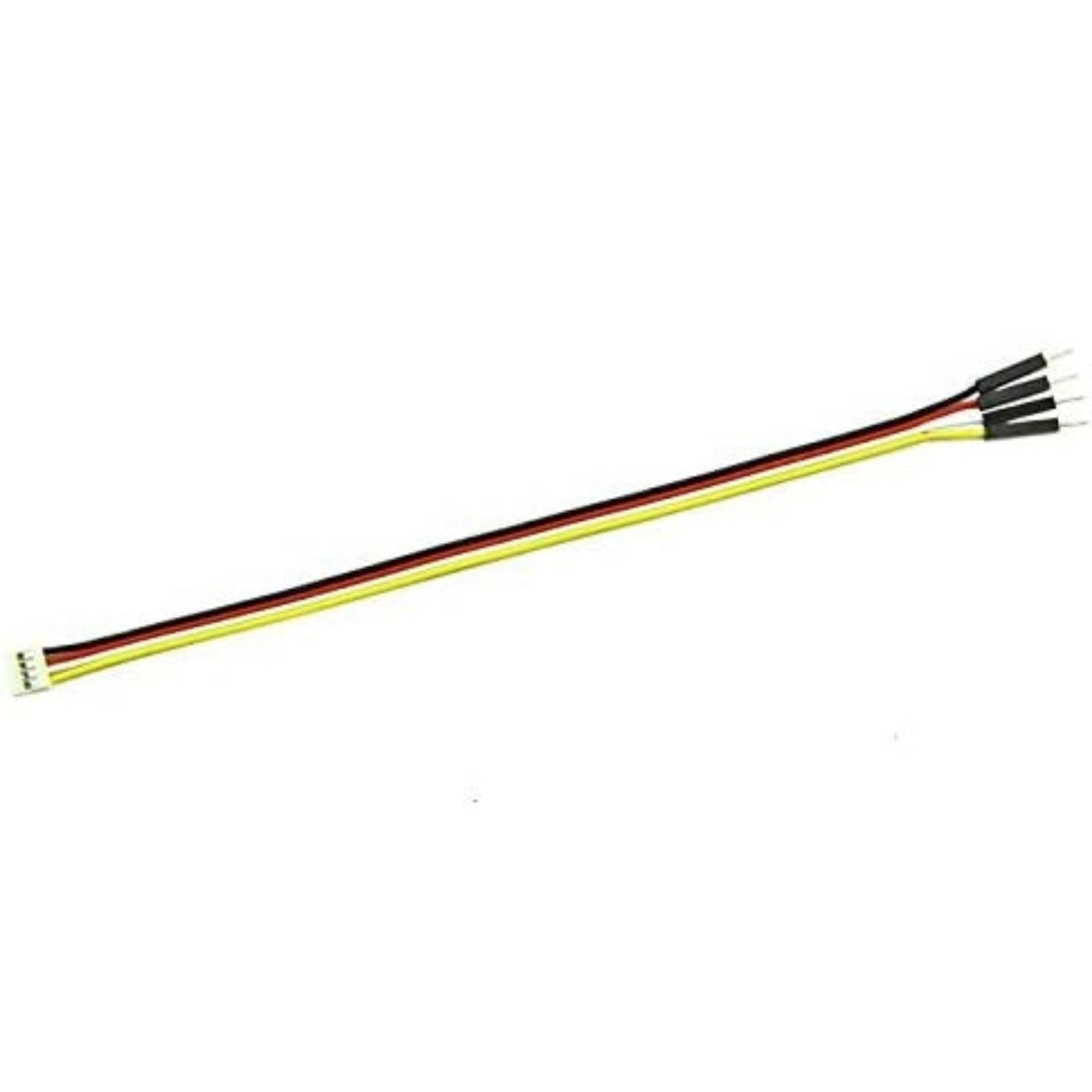 Full view of a 20cm Grove to 4-pin male jumper cable, black, red, white, and yellow wires for prototyping.