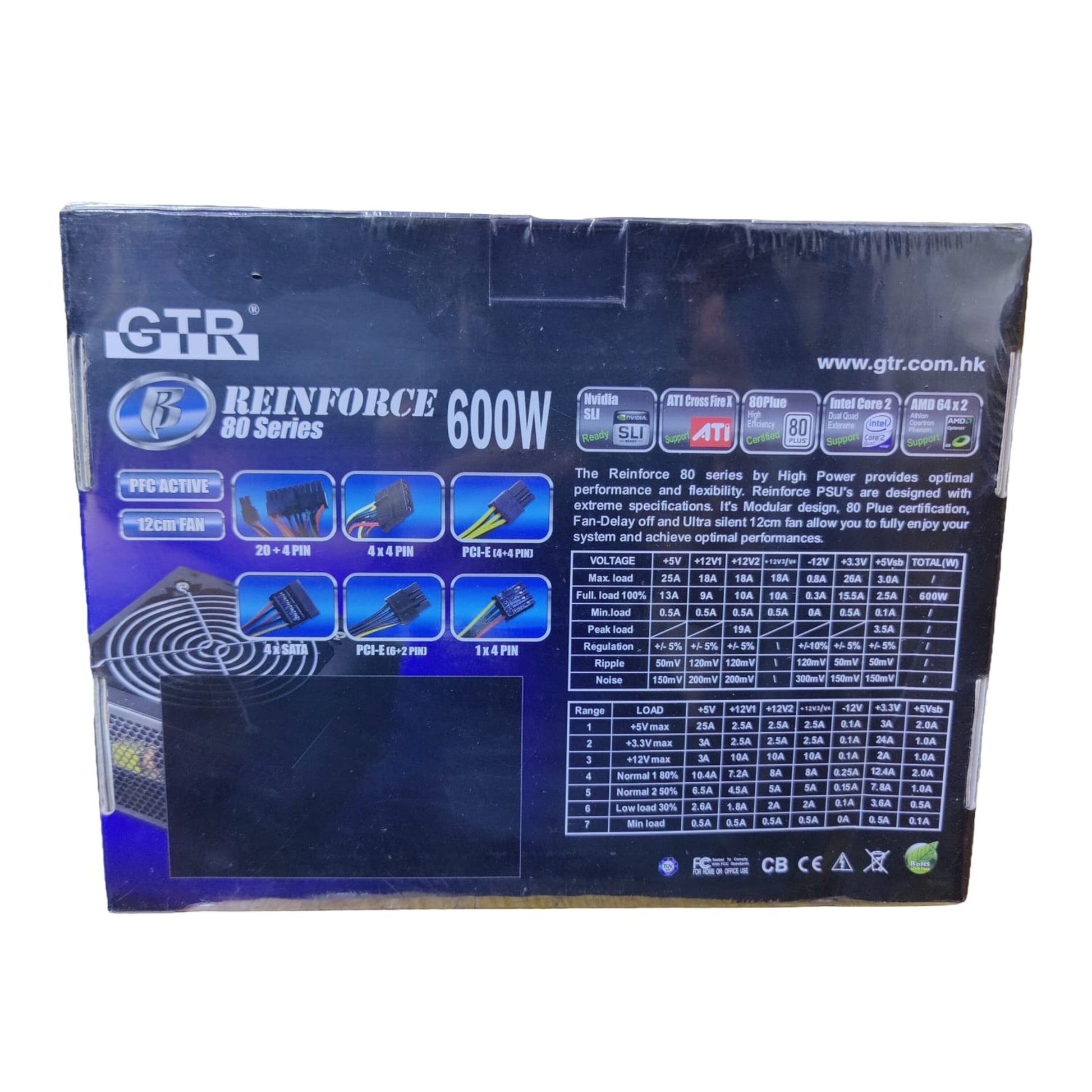 GTR 600W PSU specification sheet showing voltage outputs, connectors (SATA, PCI-E), and cooling fan details.