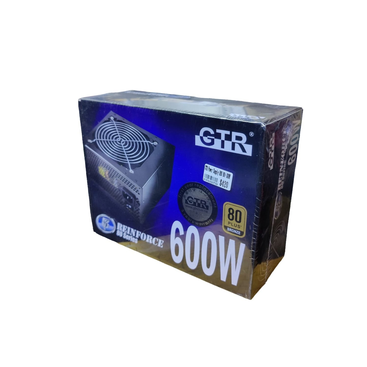 GTR Reinforce R80 Series 600W Power Supply packaging showing 80 Plus Bronze certification and 5-year warranty label.