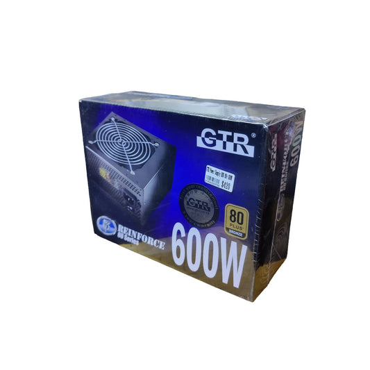 GTR Reinforce R80 Series 600W Power Supply packaging showing 80 Plus Bronze certification and 5-year warranty label.
