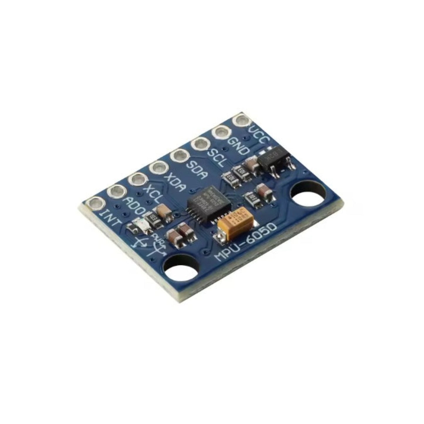 Angled view of the blue GY-521 MPU-6050 6-axis accelerometer and gyroscope sensor module, showing components.