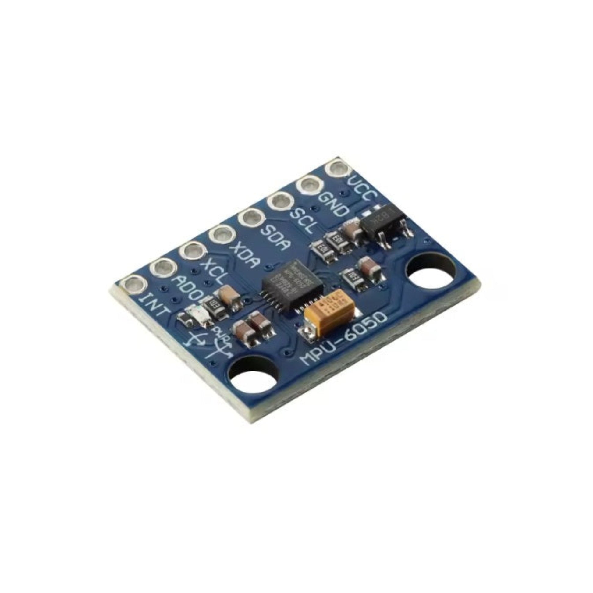 Angled view of the blue GY-521 MPU-6050 6-axis accelerometer and gyroscope sensor module, showing components.