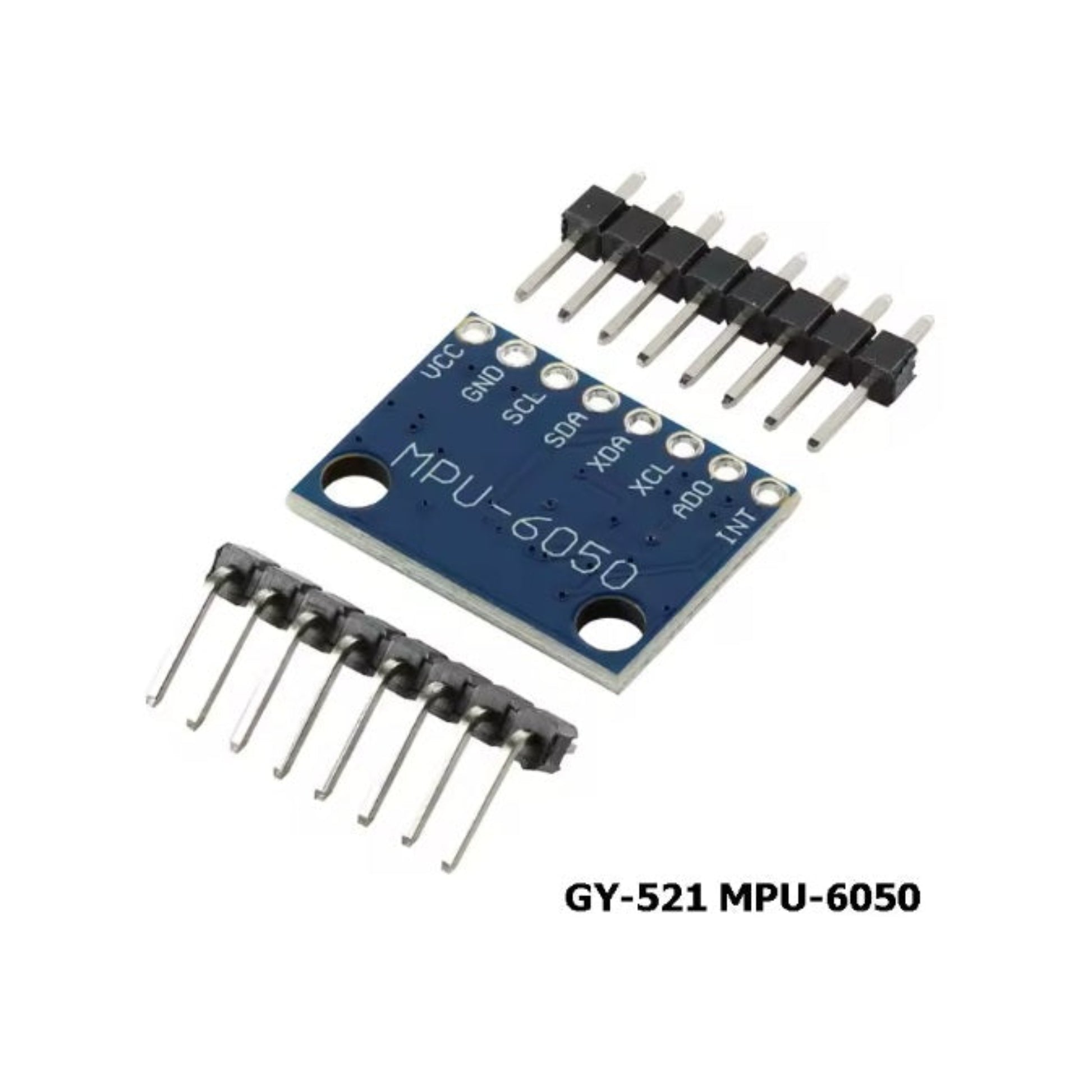 The GY-521 MPU-6050 module shown with the included straight and right-angle 8-pin headers.