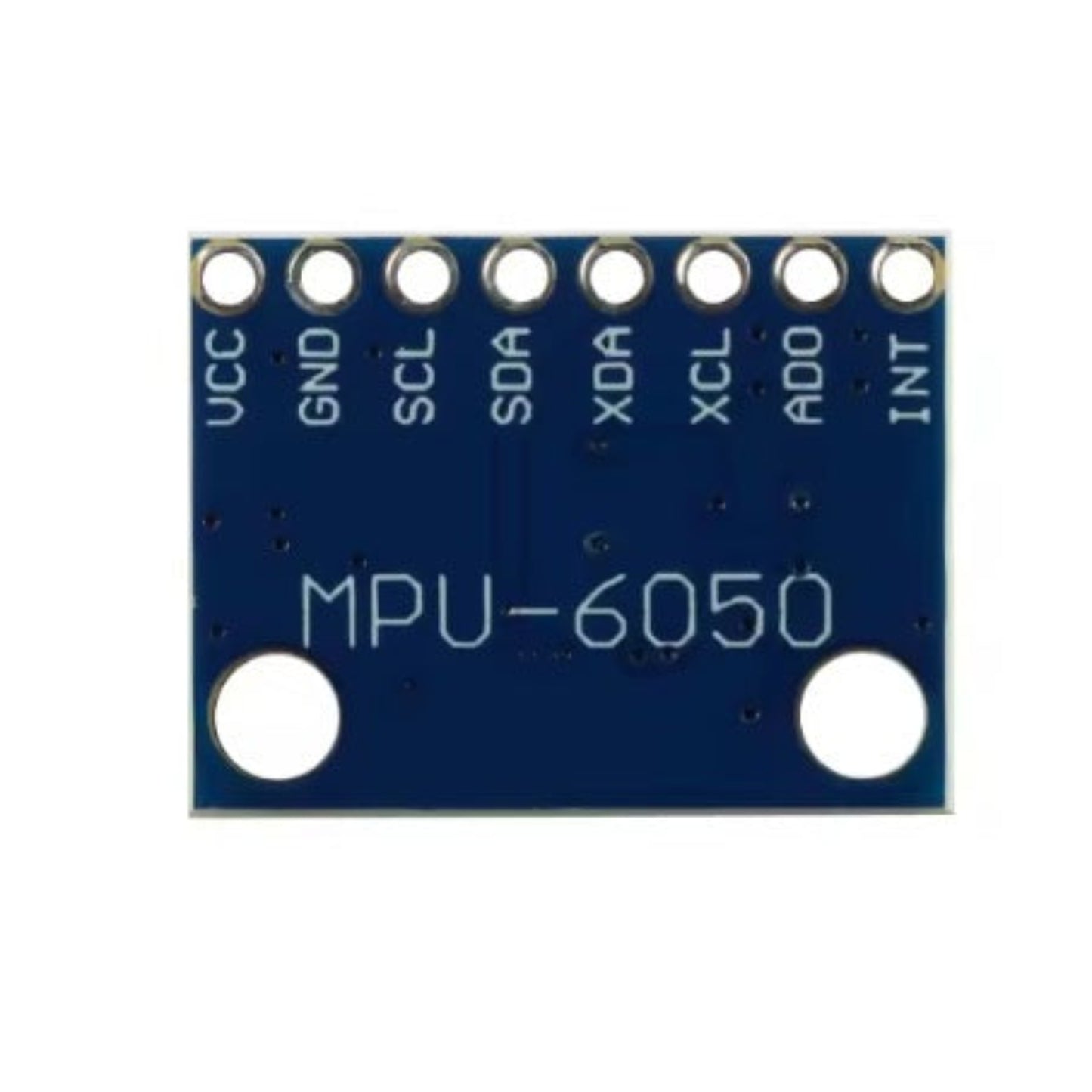 Back view of the GY-521 MPU-6050 board, clearly showing the VCC, GND, SCL, SDA, XDA, XCL, AD0, and INT pin labels.