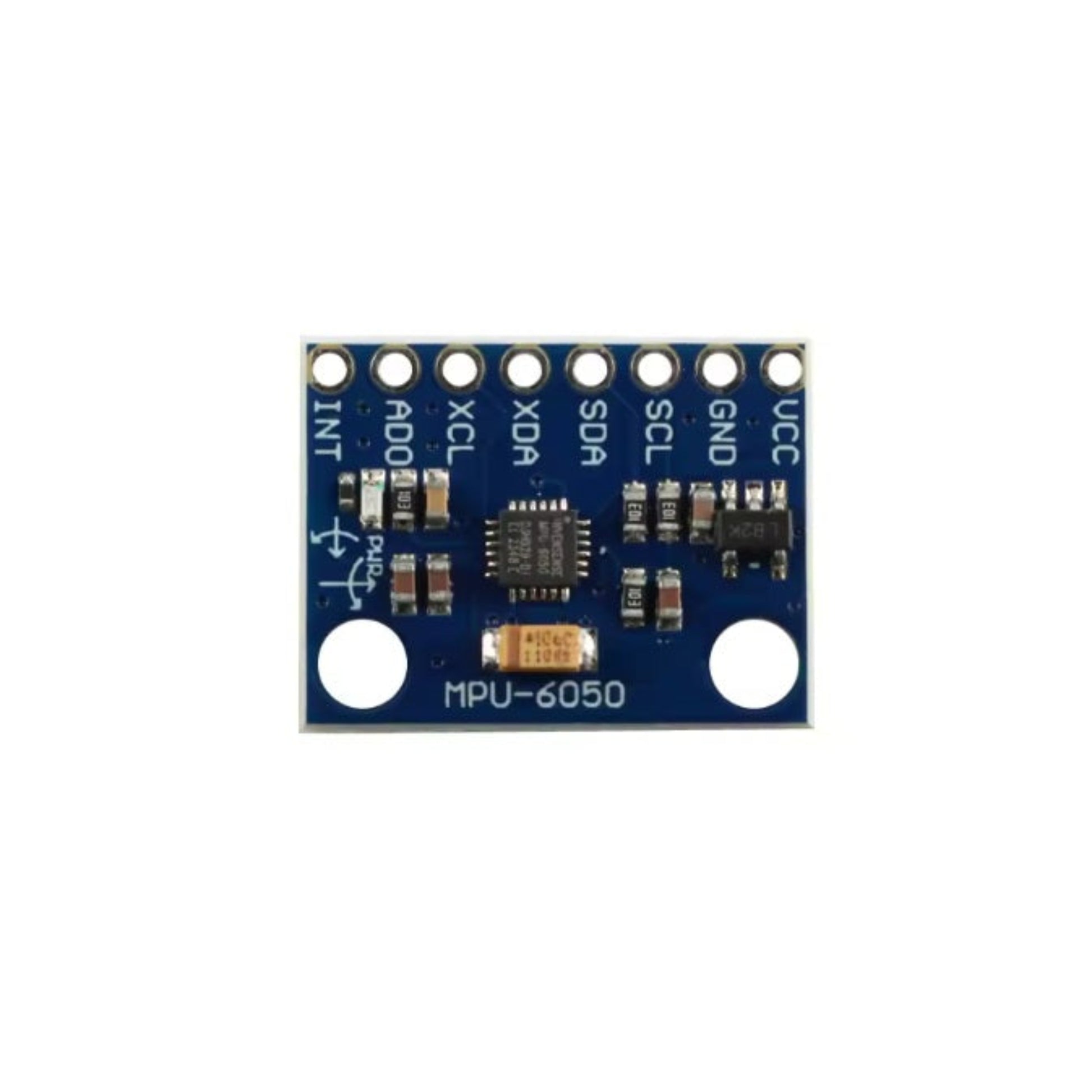 Top-down view of the MPU-6050 (GY-521) sensor board, highlighting the main chip and pin labels.