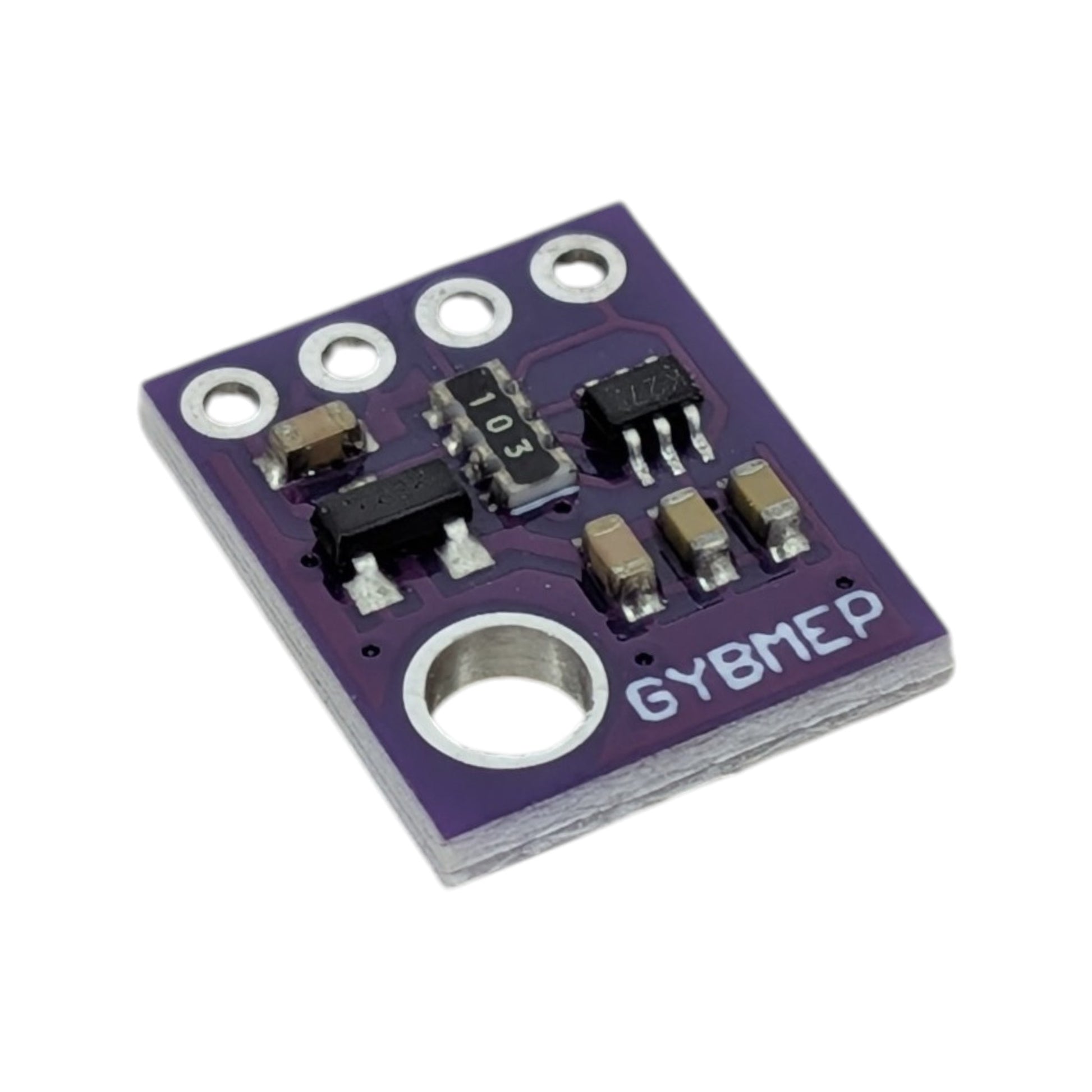 紫色 GY-BMP280-5V 氣壓及溫度感測器 PCB 模組的正面特寫，顯示表面貼裝電子元件及固定安裝孔。