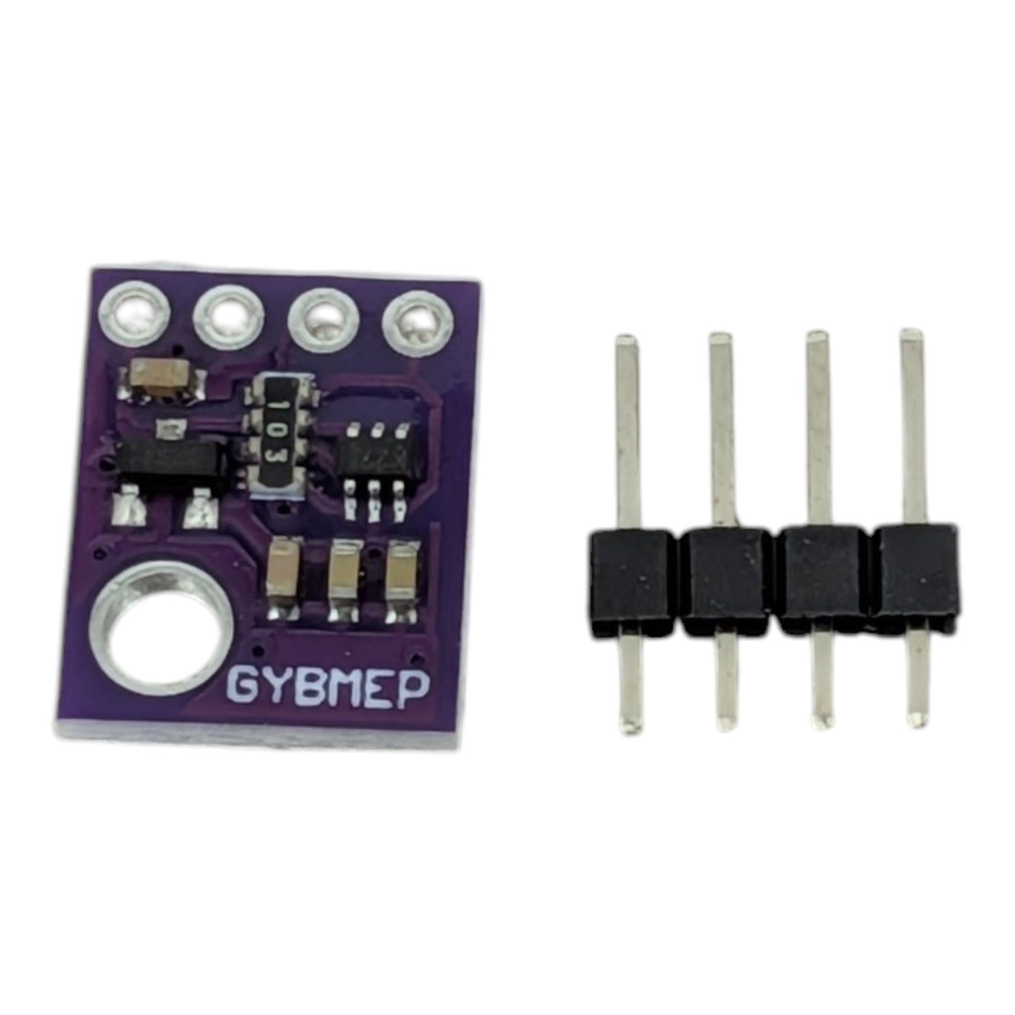 未焊接的 GY-BMP280-5V 環境感測器模組，旁邊配有一排 4-pin 黑色排針，適合連接麵包板及 Arduino 使用。