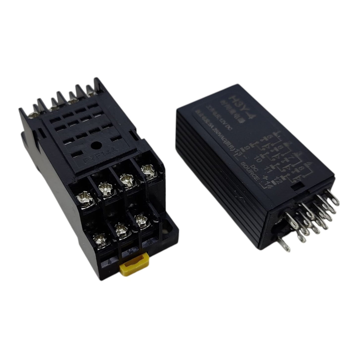 H3Y-4 12V DC digital timer relay with its 14-pin DYF14A socket base.