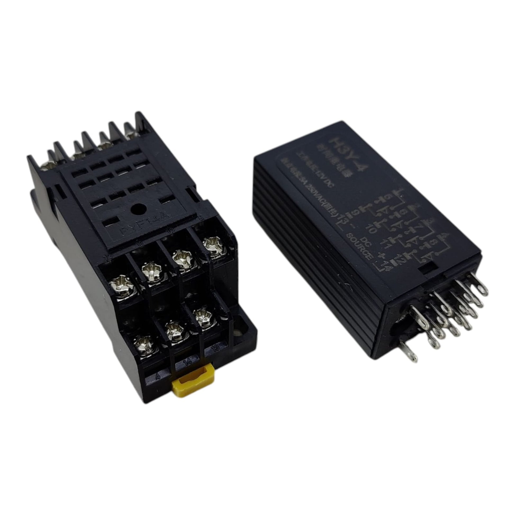 H3Y-4 12V DC digital timer relay with its 14-pin DYF14A socket base.