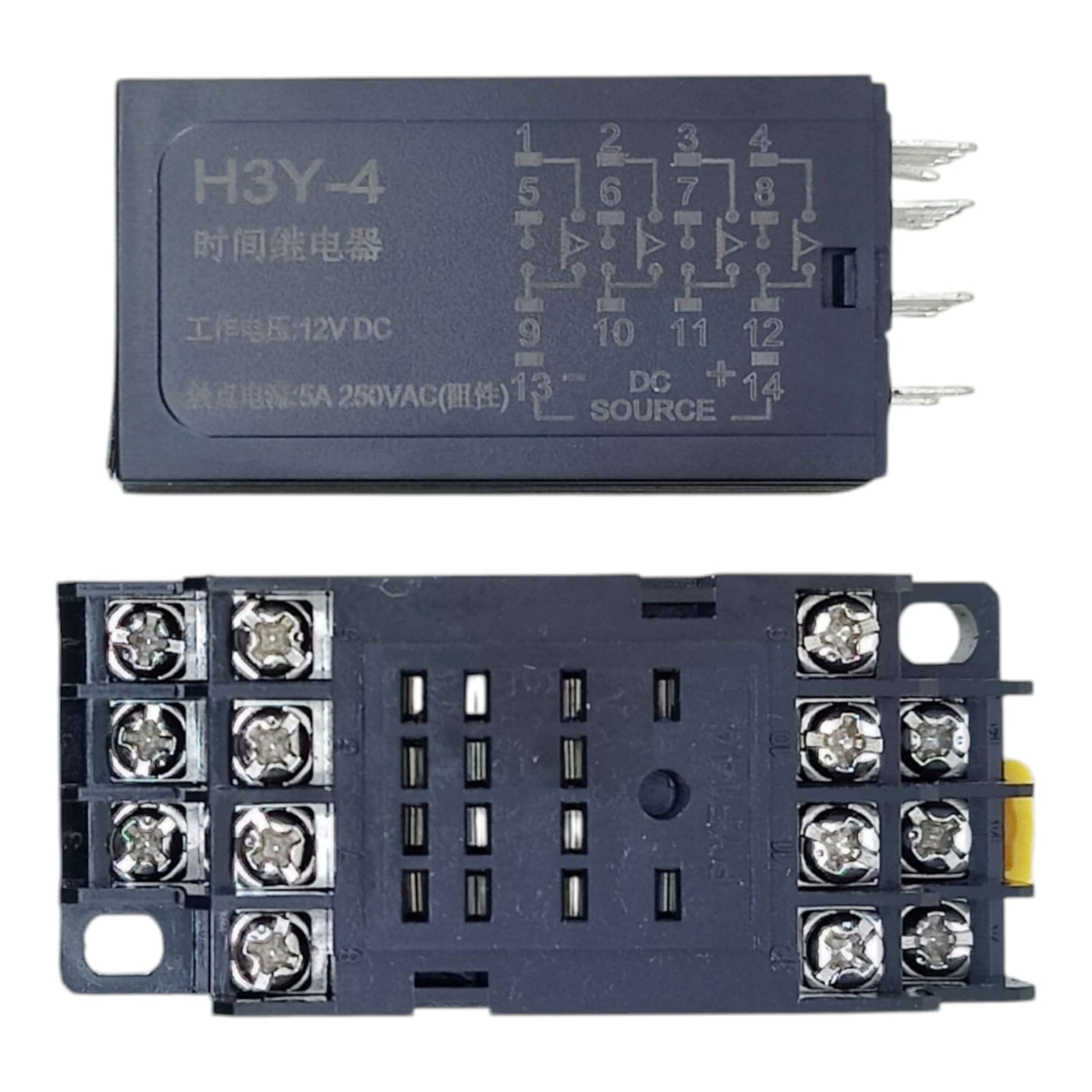 Pinout diagram and top view of H3Y-4 14-pin digital timer relay and PF113A socket base.