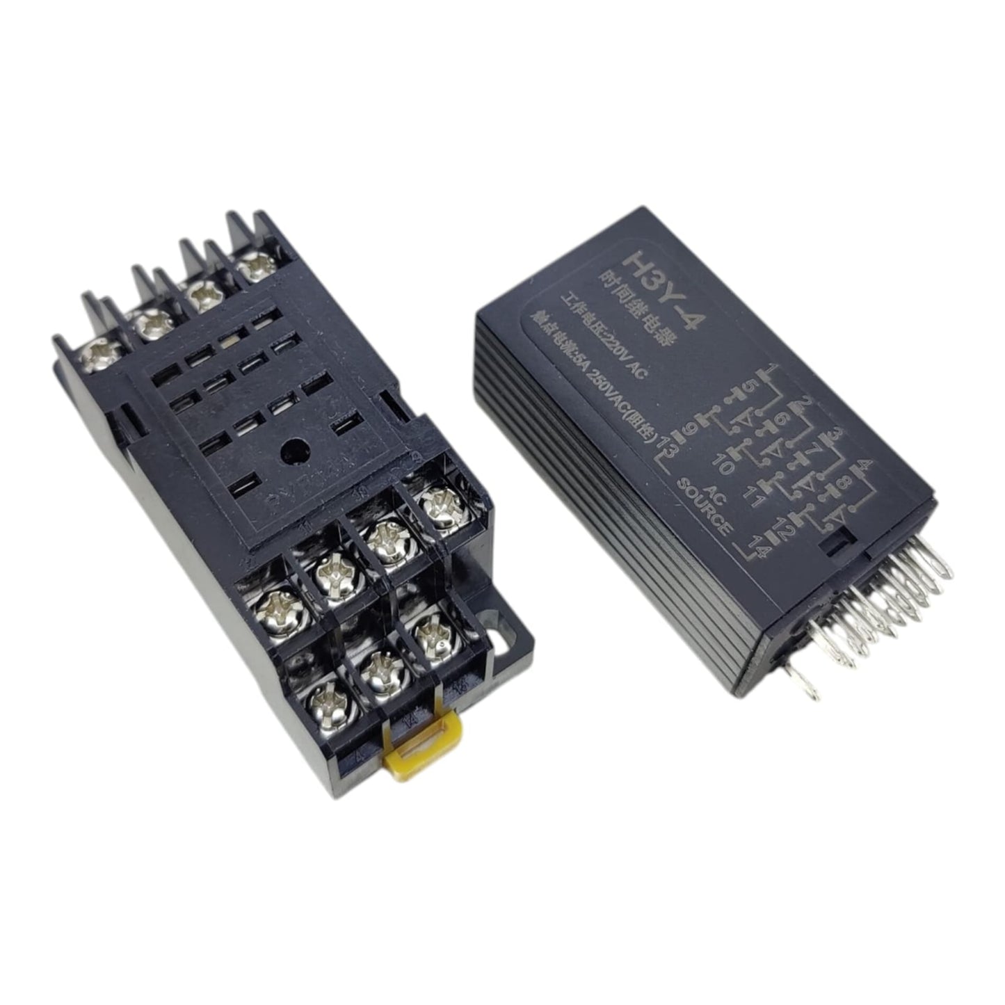 H3Y-4 220V AC digital timer relay with its 14-pin PF113A socket base.