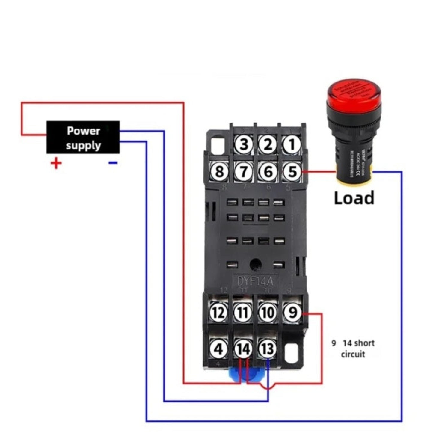 Wiring diagram for an H3Y-4 timer relay showing power supply connection to pins 13 and 14 and a load connected to pins 5 and 9.