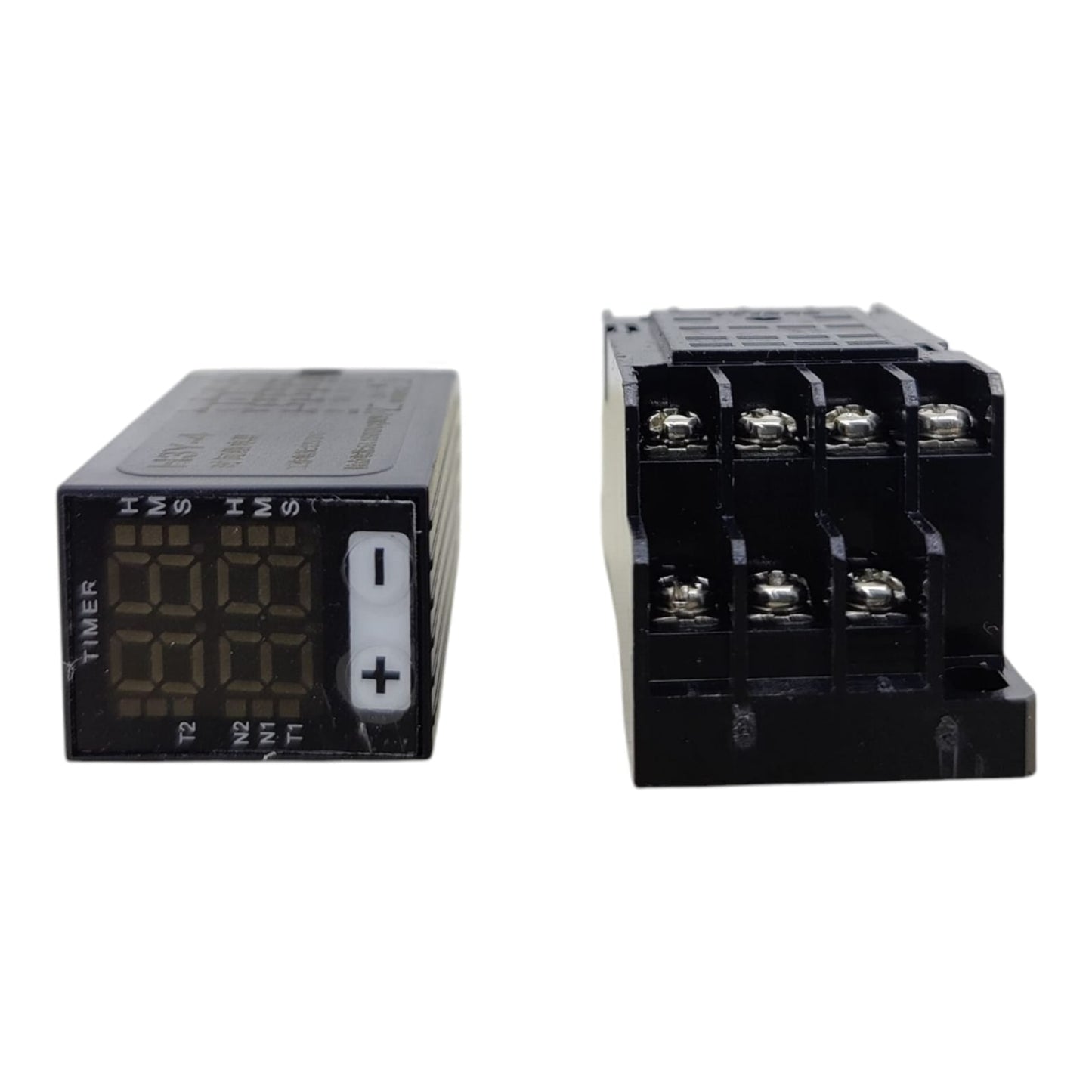 Side and front view of the H3Y-4 digital timer relay showing the dual LED display and 14-pin base.