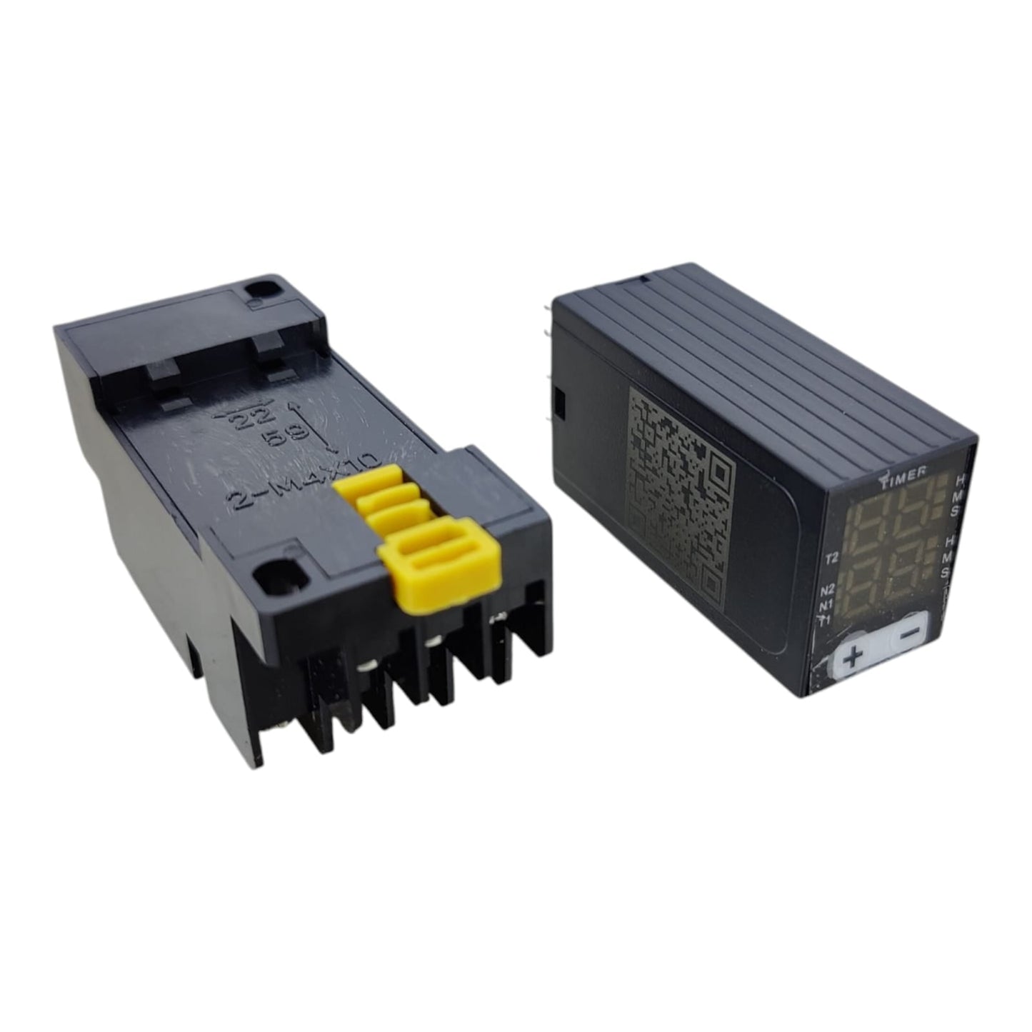 H3Y-4 digital timer relay shown next to its DYF14A 14-pin DIN rail socket base.