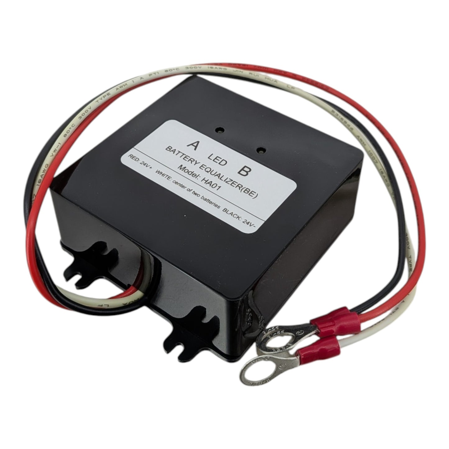 Front view of the HA01 24V battery equalizer showing the Red, White, and Black wiring cables and LED indicators.