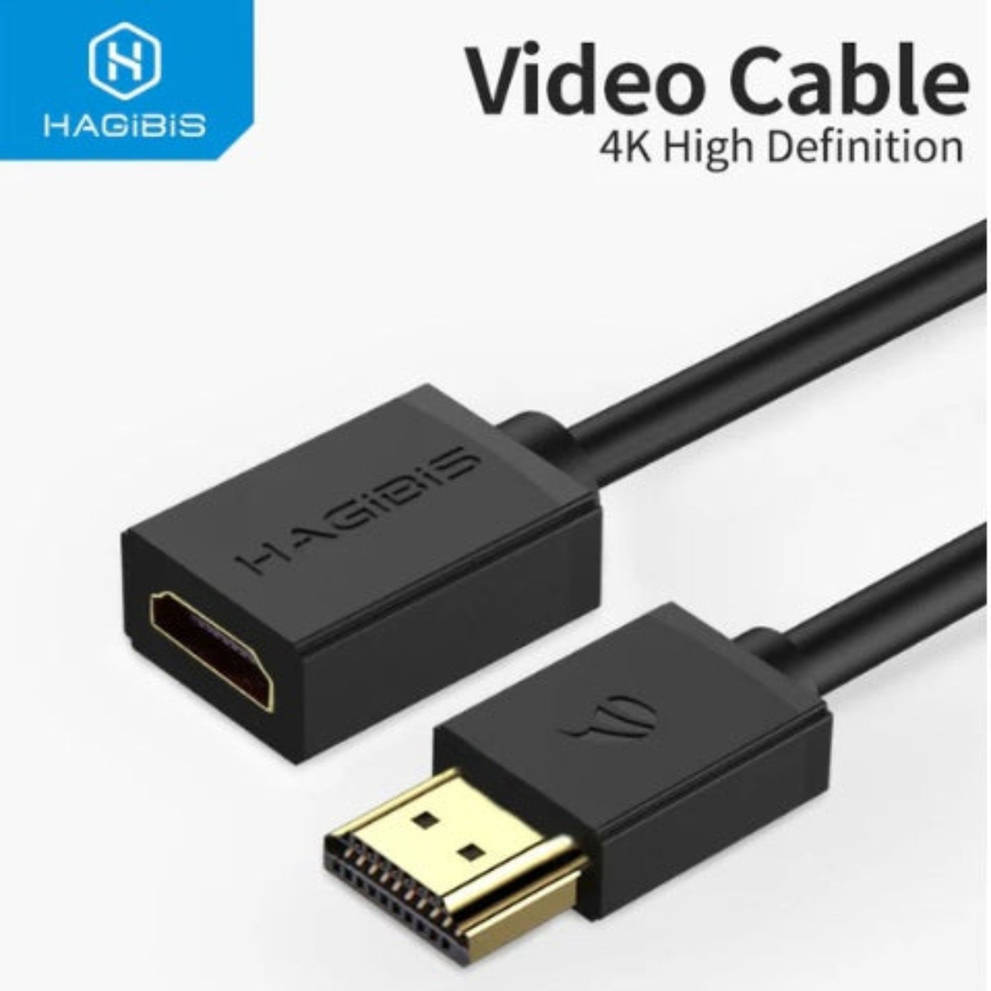 Hagibis HDMI extension cable connecting TV and source device, extending cable distance for 4K display.