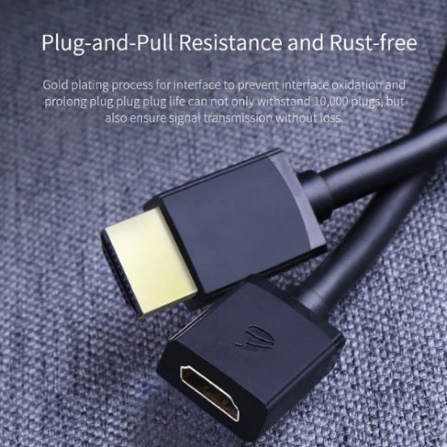 Closeup of Hagibis HDMI extension cable showing firm male to female connector for stable link.