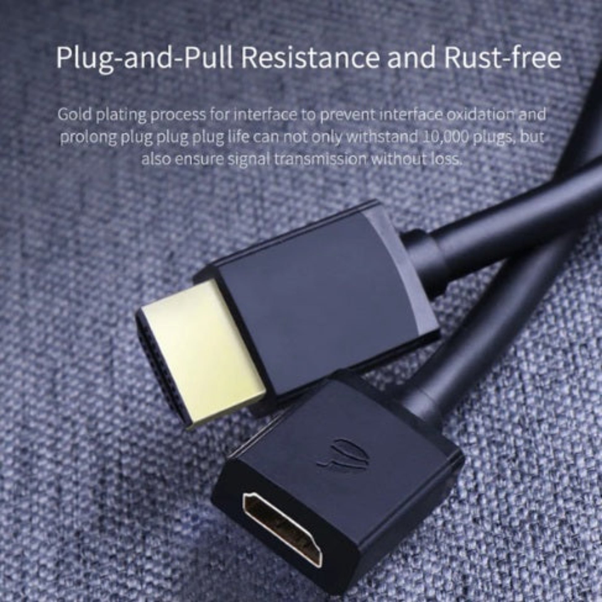 Closeup of Hagibis HDMI extension cable showing firm male to female connector for stable link.