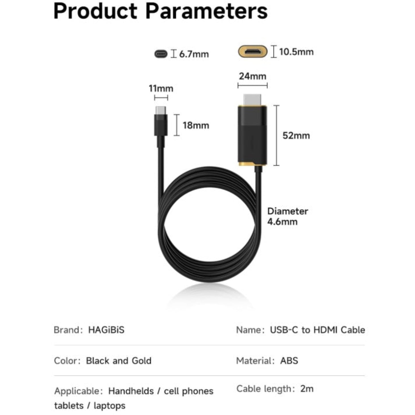 Technical dimensions and parameters of the 2-meter Hagibis USB-C to HDMI cable in black and gold ABS material.
