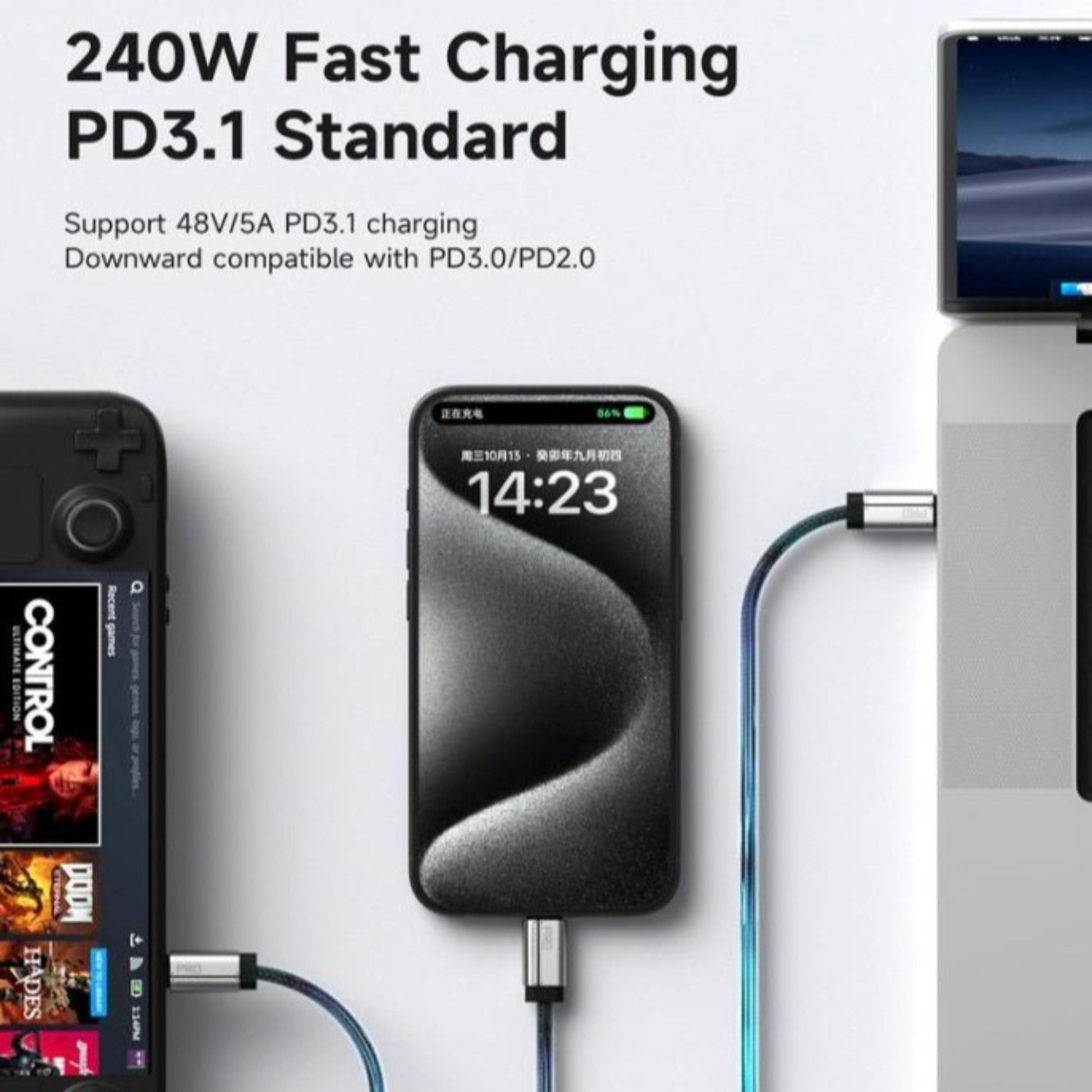 Hagibis 240W fast charging USB4 V2 Type-C cable connected to a phone and laptop, showcasing PD3.1 standard compatibility.