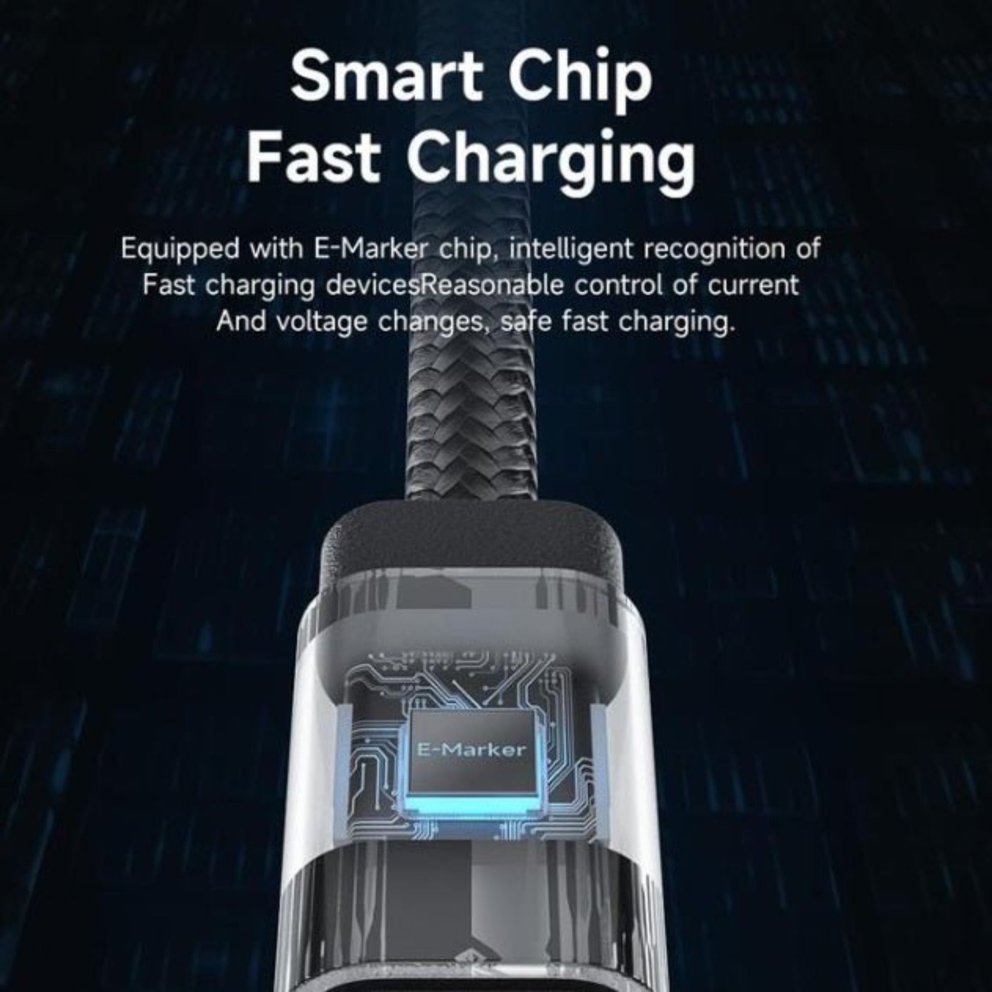 Close-up of Hagibis USB4 V2 cable with smart E-Marker chip for fast charging and current control.