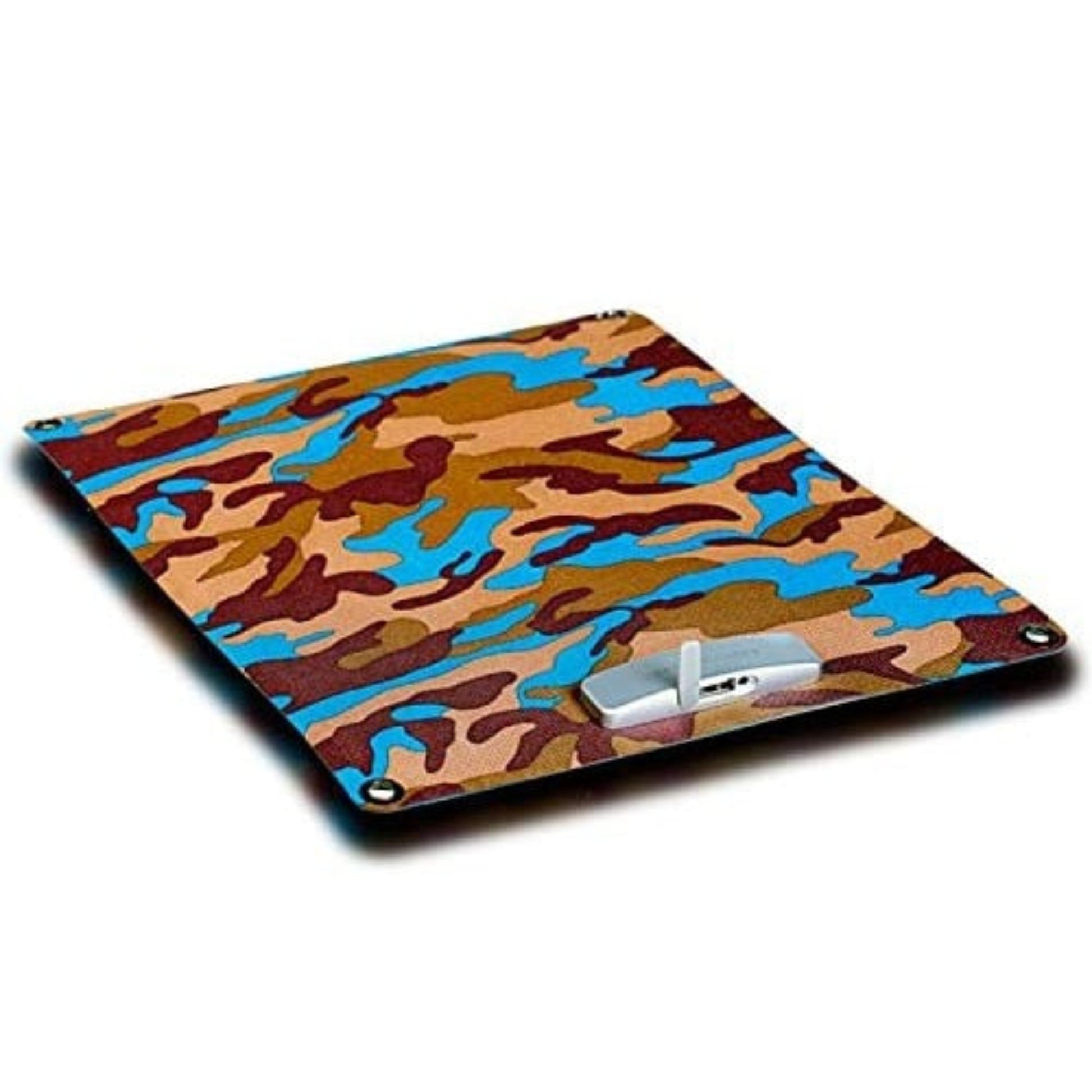 The camouflage Hanergy solar panel charging a white power bank via its USB port.