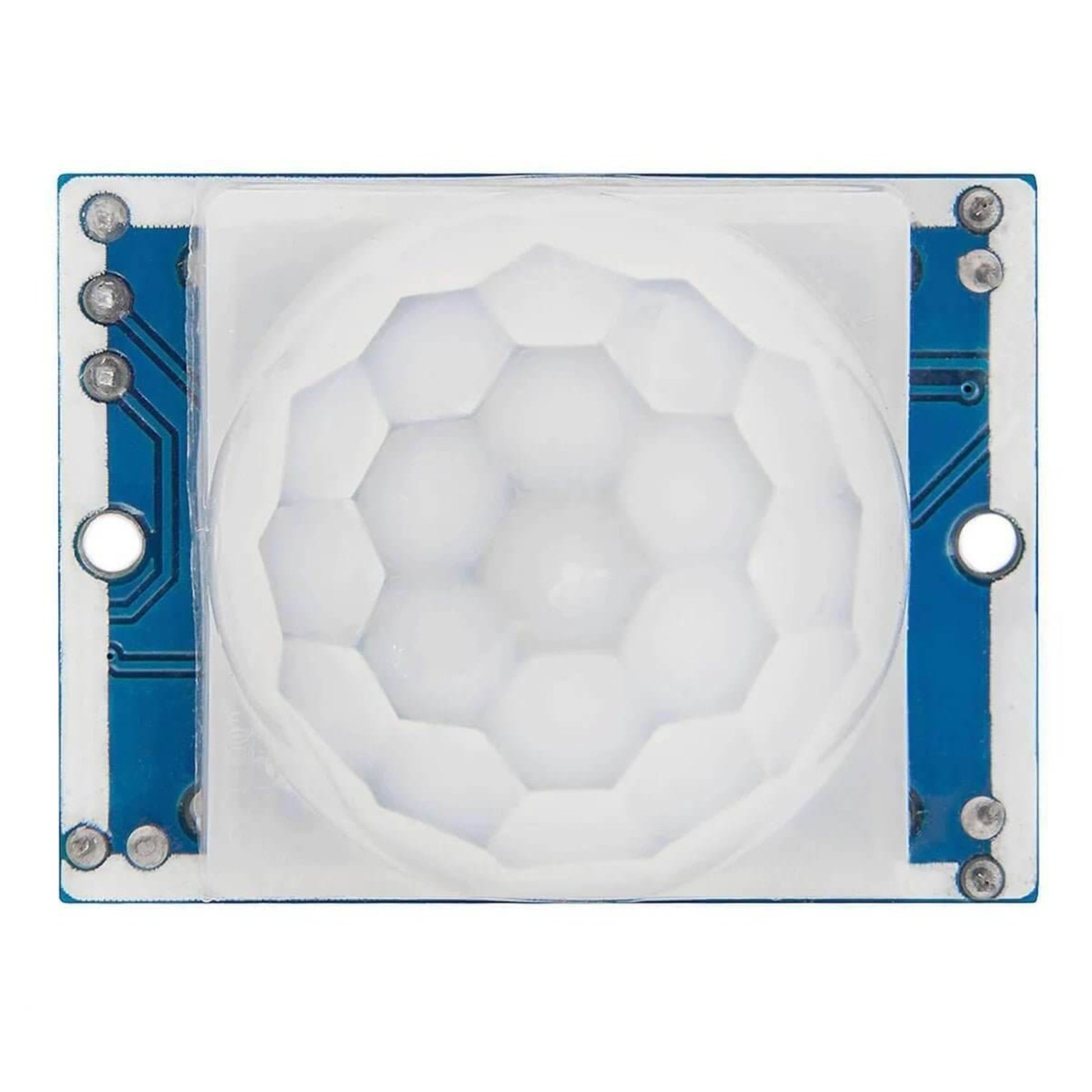 Back view of the HC-SR501 module PCB. Shows the time delay and sensitivity adjustment potentiometers.