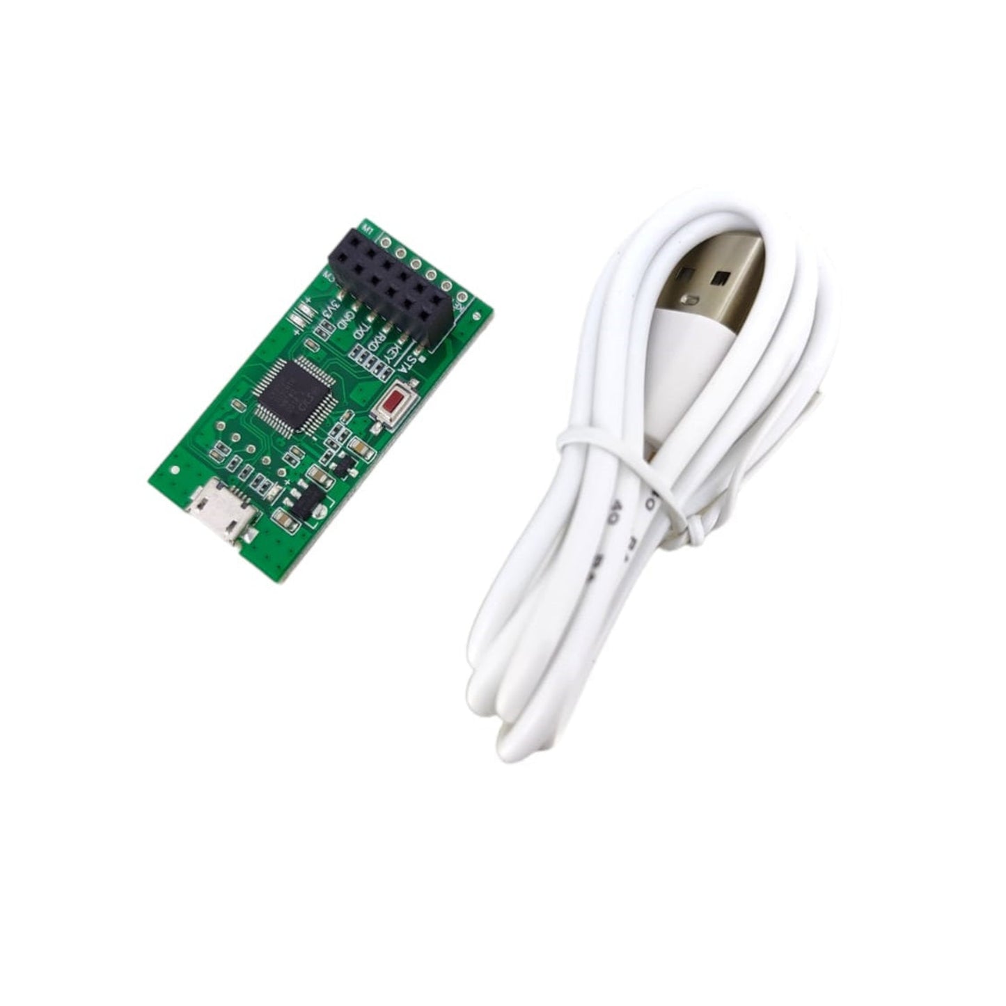 Top view of the HC-USB-T USB to TTL adapter board with white micro-USB cable.