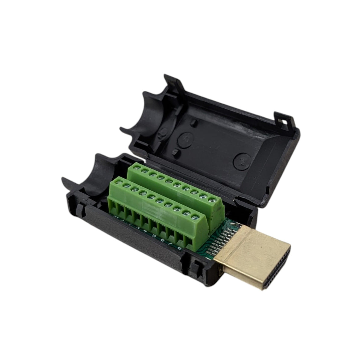 免銲接 HDMI 2.0 公頭 20-Pin 轉接頭，展示內部綠色螺絲接線端子。深水埗實體店有售並提供現場技術支援。