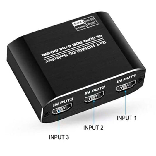 Close-up of the HDMI 2.0b 3-in-1 switcher showing its three input ports for connecting multiple devices.