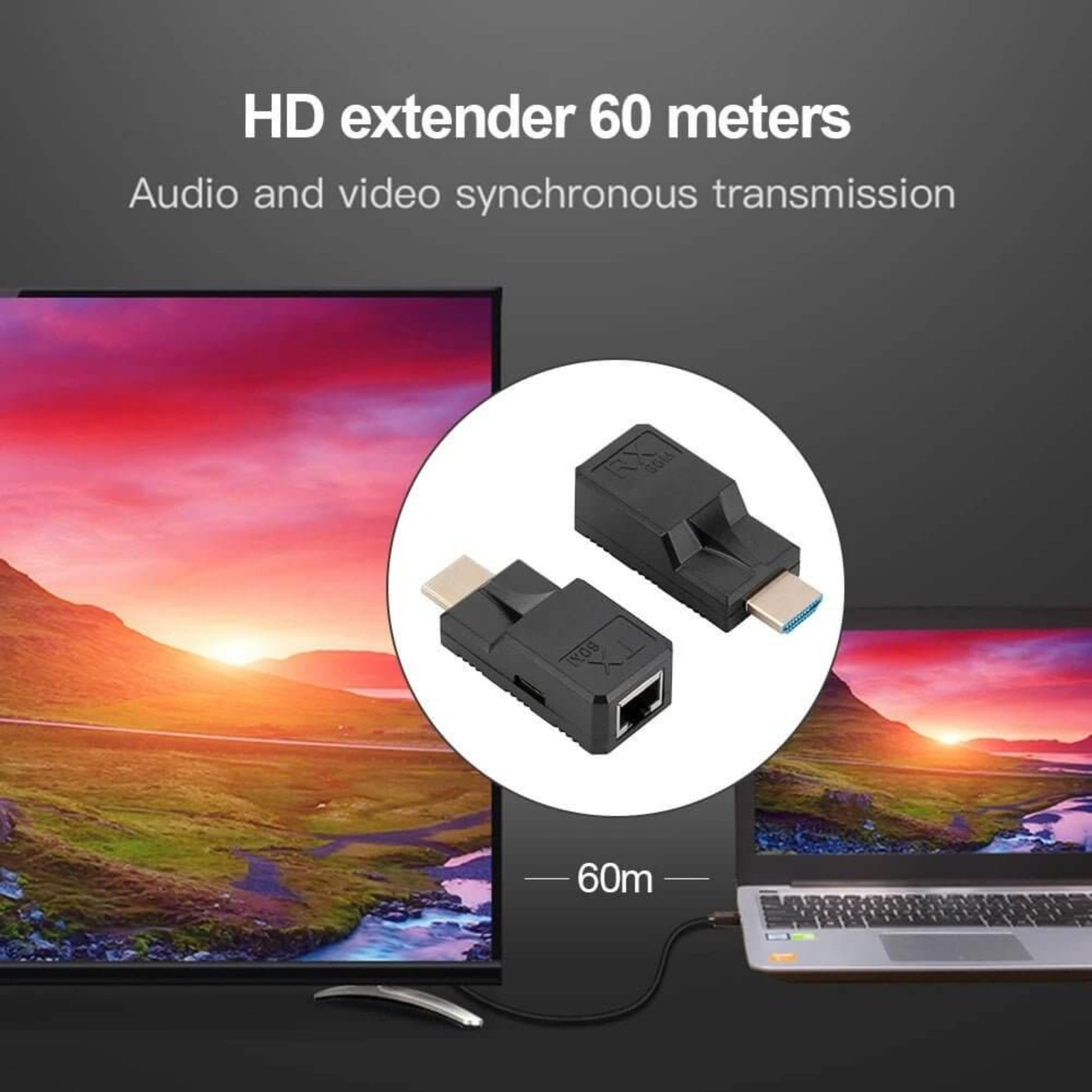 Two HDMI extender modules in front of a TV screen, displaying a high-definition 1080P image.